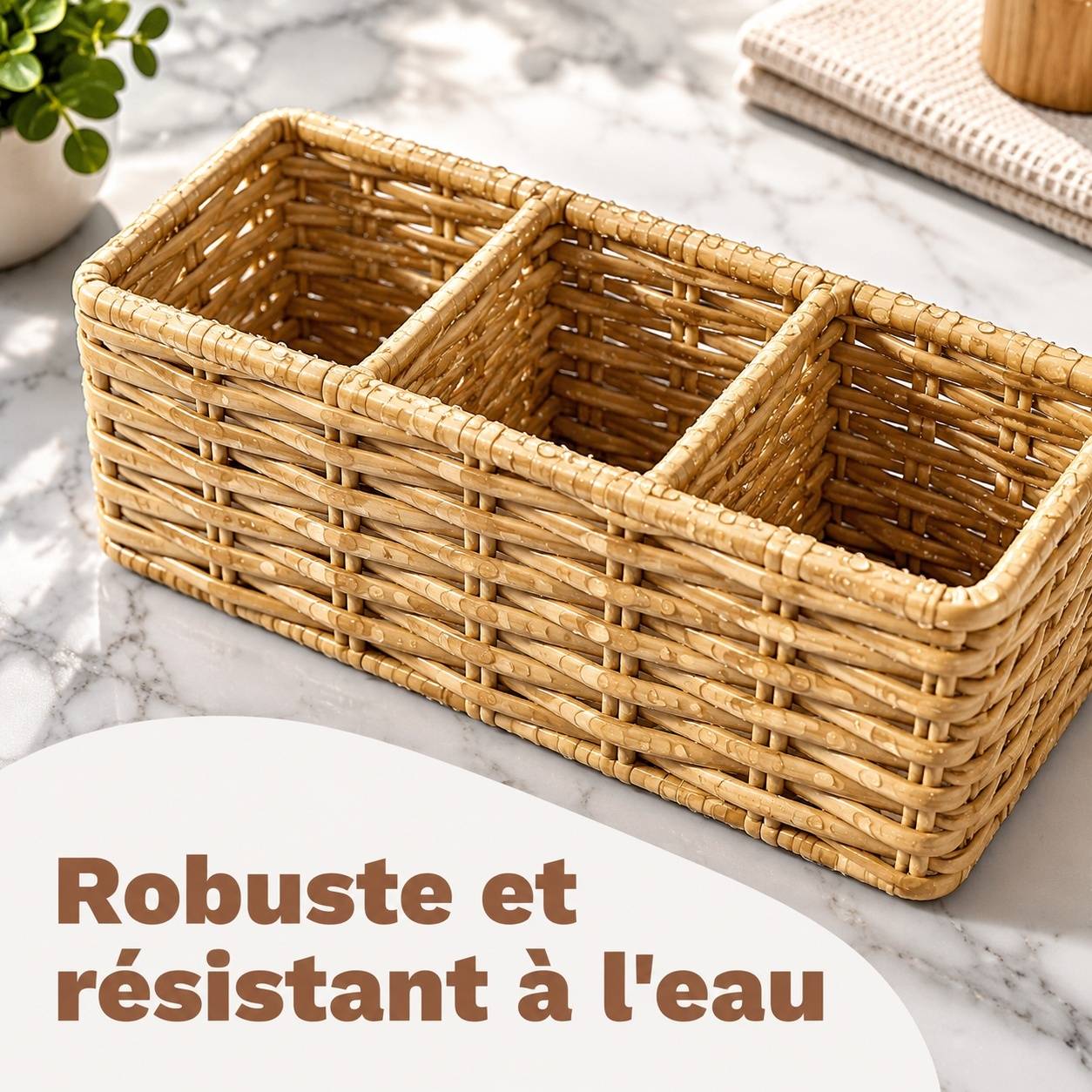 Panier Osier Tressé Main à 3 Compartiments Marron Clair Organisateur Multifonction - Image 6