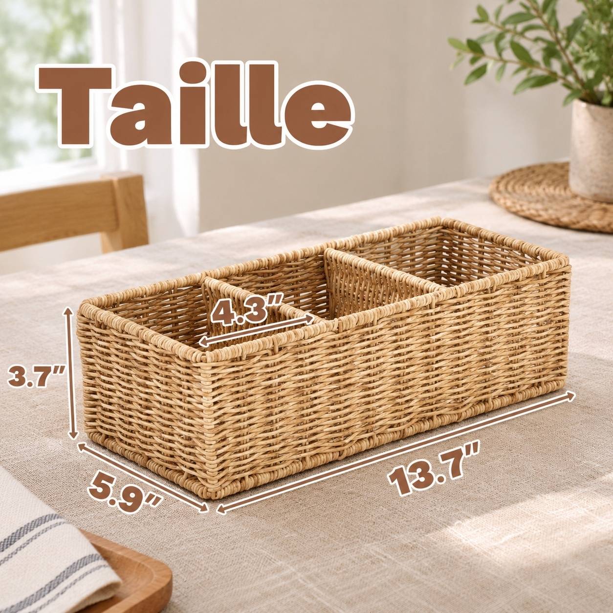 Panier Osier Tressé Main à 3 Compartiments Marron Clair Organisateur Multifonction - Image 2