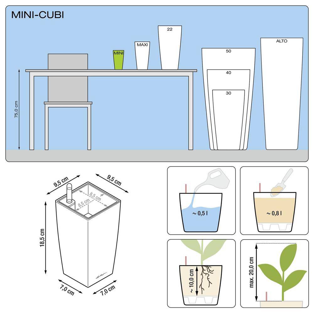 Lechuza - Pot de table Mini-Cubi - kit complet, anthracite métallisé 18 cm Lechuza - Imagen 3