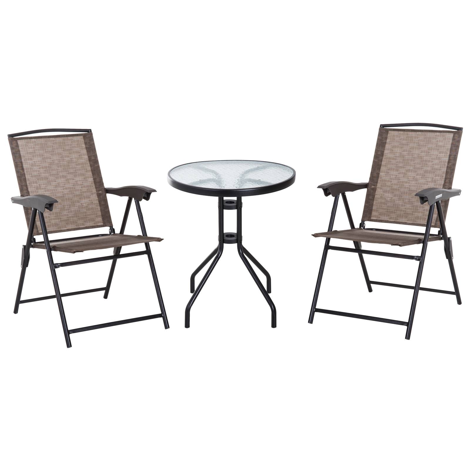 Outsunny - Ensemble de jardin 3 pièces 2 chaises inclinables multi-positions pliables + table ronde verre trempé métal époxy textilène chocolat - Outsunny - Imagen 1