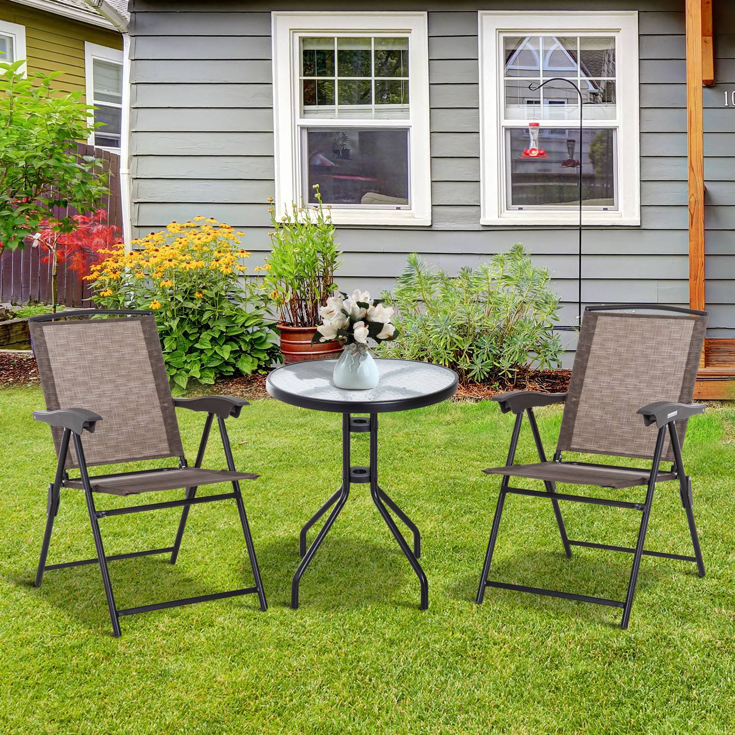 Outsunny - Ensemble de jardin 3 pièces 2 chaises inclinables multi-positions pliables + table ronde verre trempé métal époxy textilène chocolat - Outsunny - Imagen 2