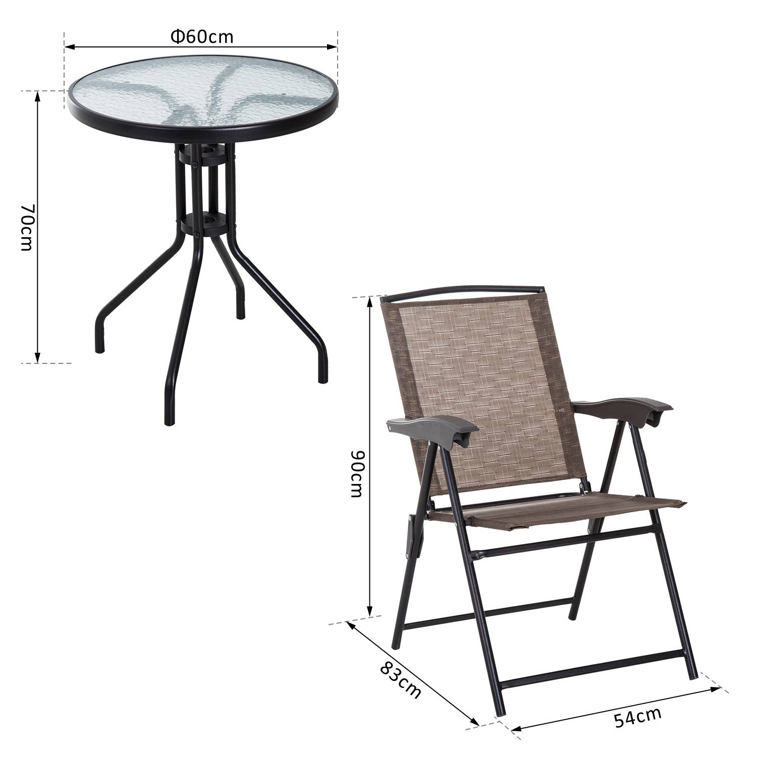 Outsunny - Ensemble de jardin 3 pièces 2 chaises inclinables multi-positions pliables + table ronde verre trempé métal époxy textilène chocolat - Outsunny - Imagen 4