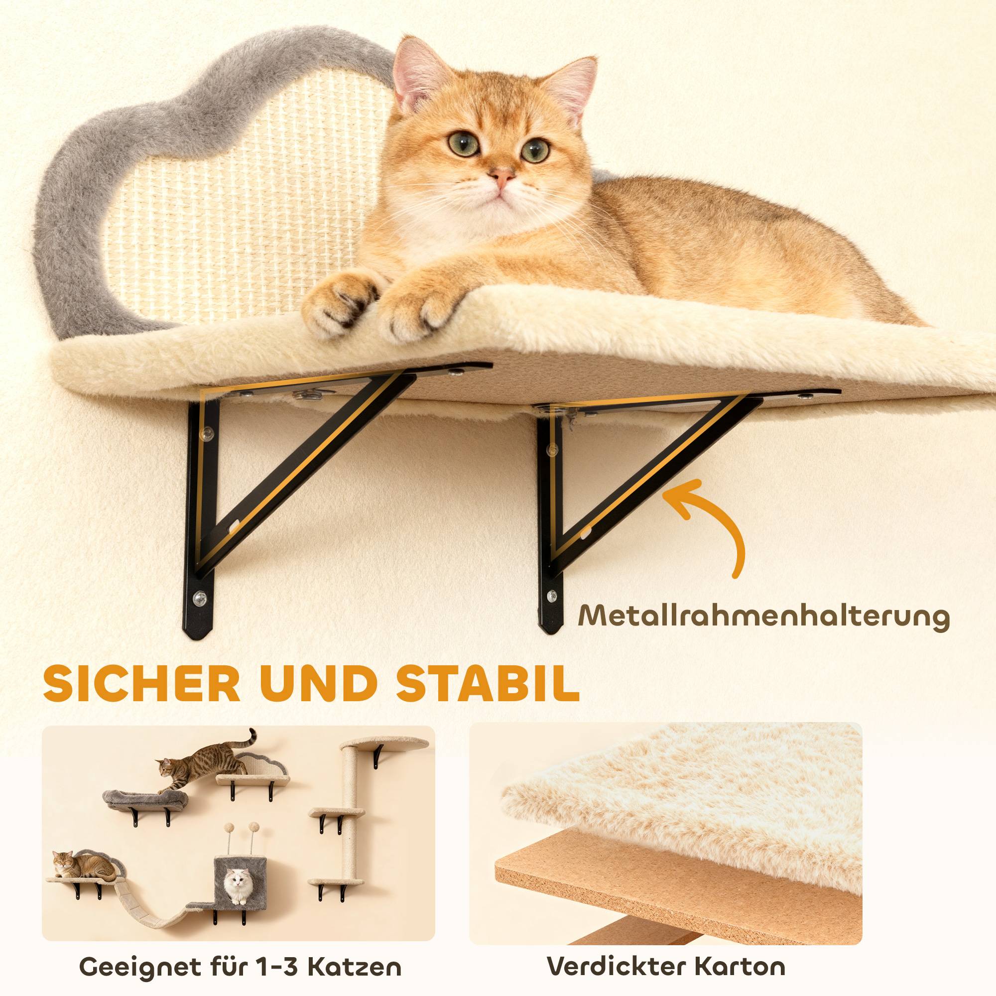 Arbre à chat mural bois peluche pour 1 à 3 chats repos et jeu beige 84cm - ComfortXL Outdoor Living - Image 6