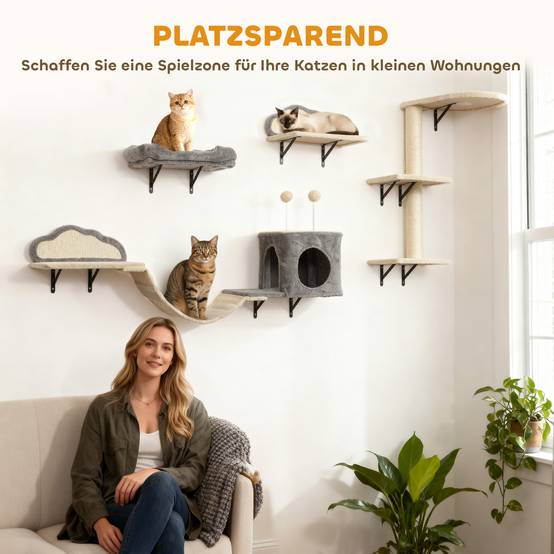 Arbre à chat mural bois peluche pour 1 à 3 chats repos et jeu beige 84cm - ComfortXL Outdoor Living - Image 7
