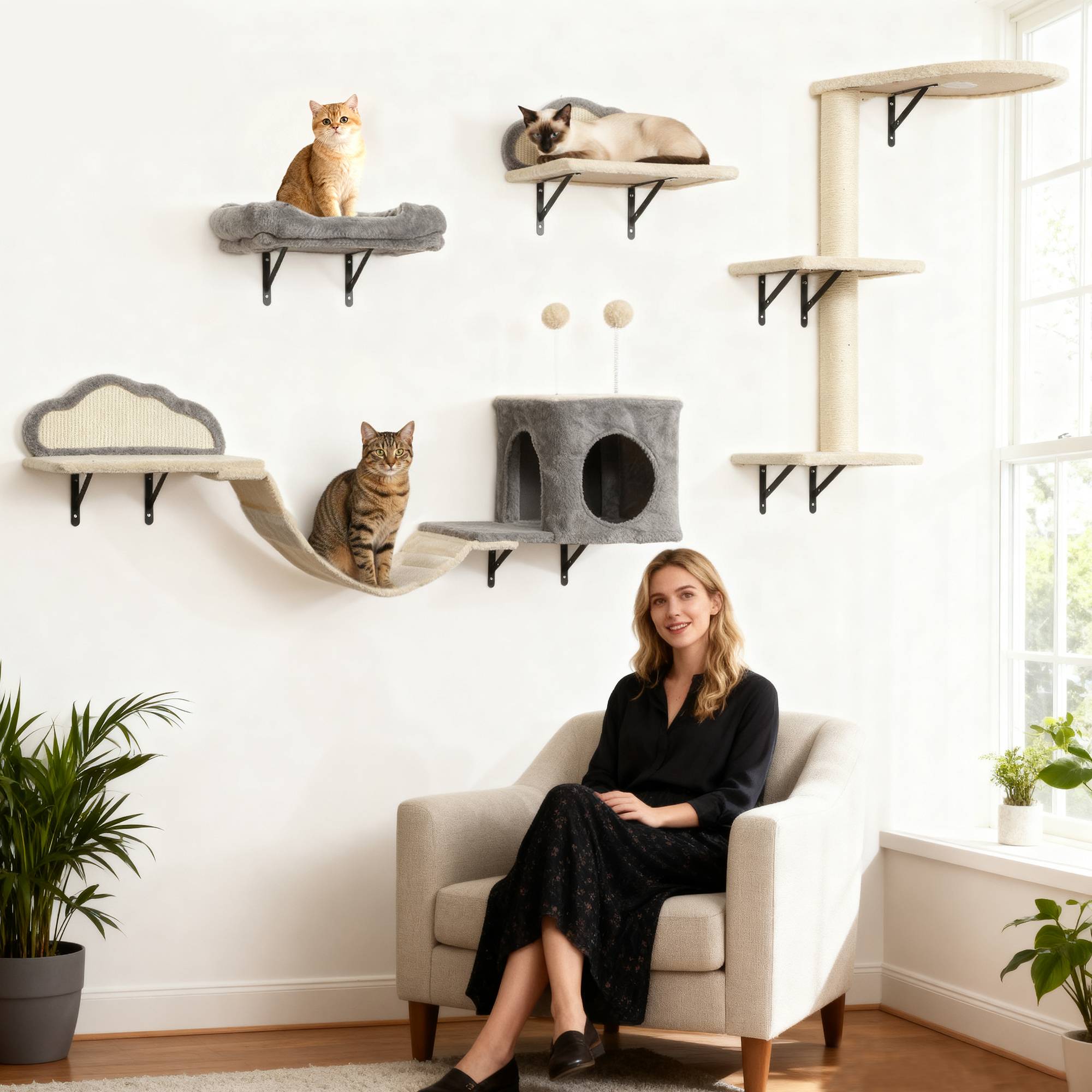 Arbre à chat mural bois peluche pour 1 à 3 chats repos et jeu beige 84cm - ComfortXL Outdoor Living - Image 4