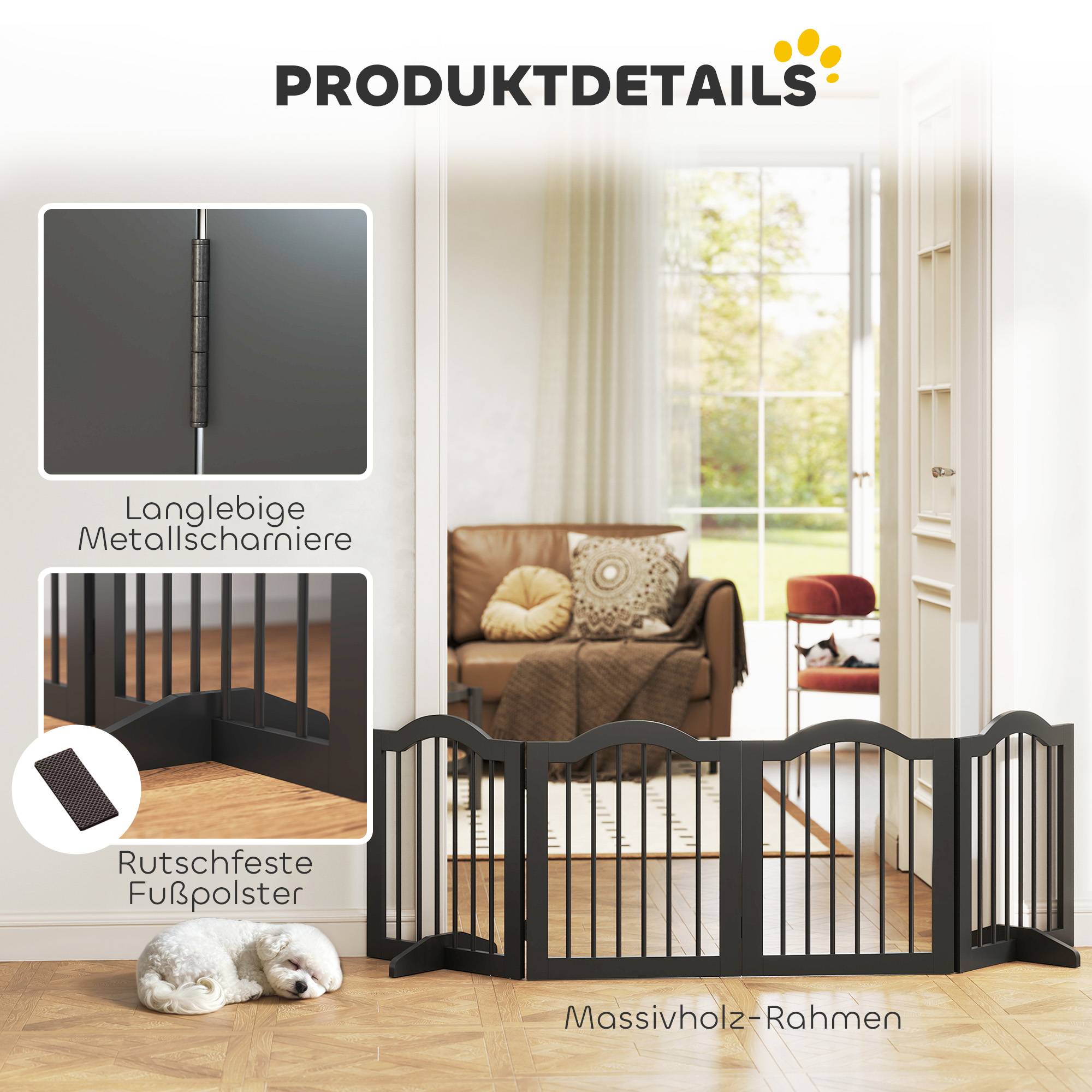 Barrière pour chien autoportante avec pieds, pliable, 4 panneaux, 208 x 29,5 x 61 cm, noir - Image 7
