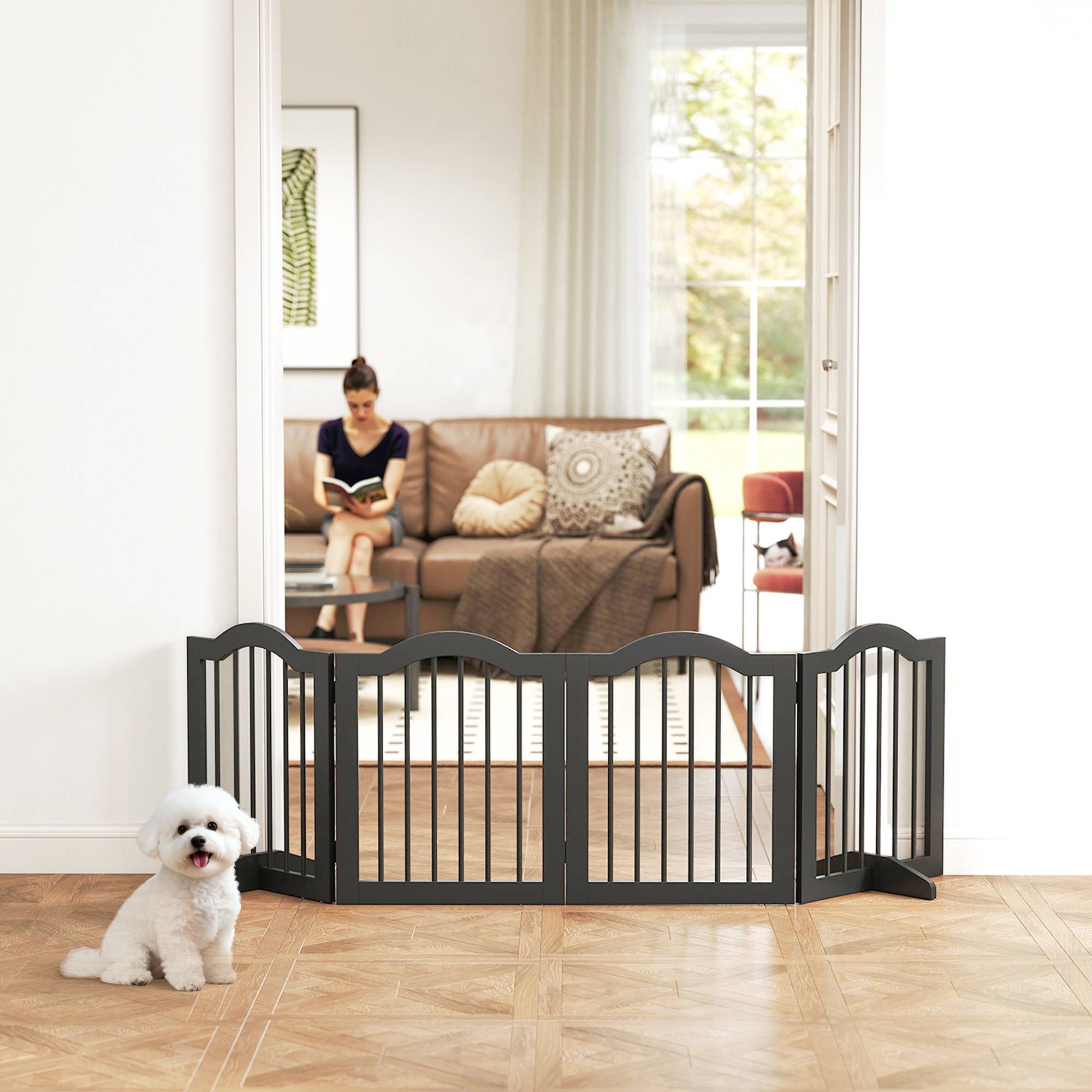 Barrière pour chien autoportante avec pieds, pliable, 4 panneaux, 208 x 29,5 x 61 cm, noir - Image 3