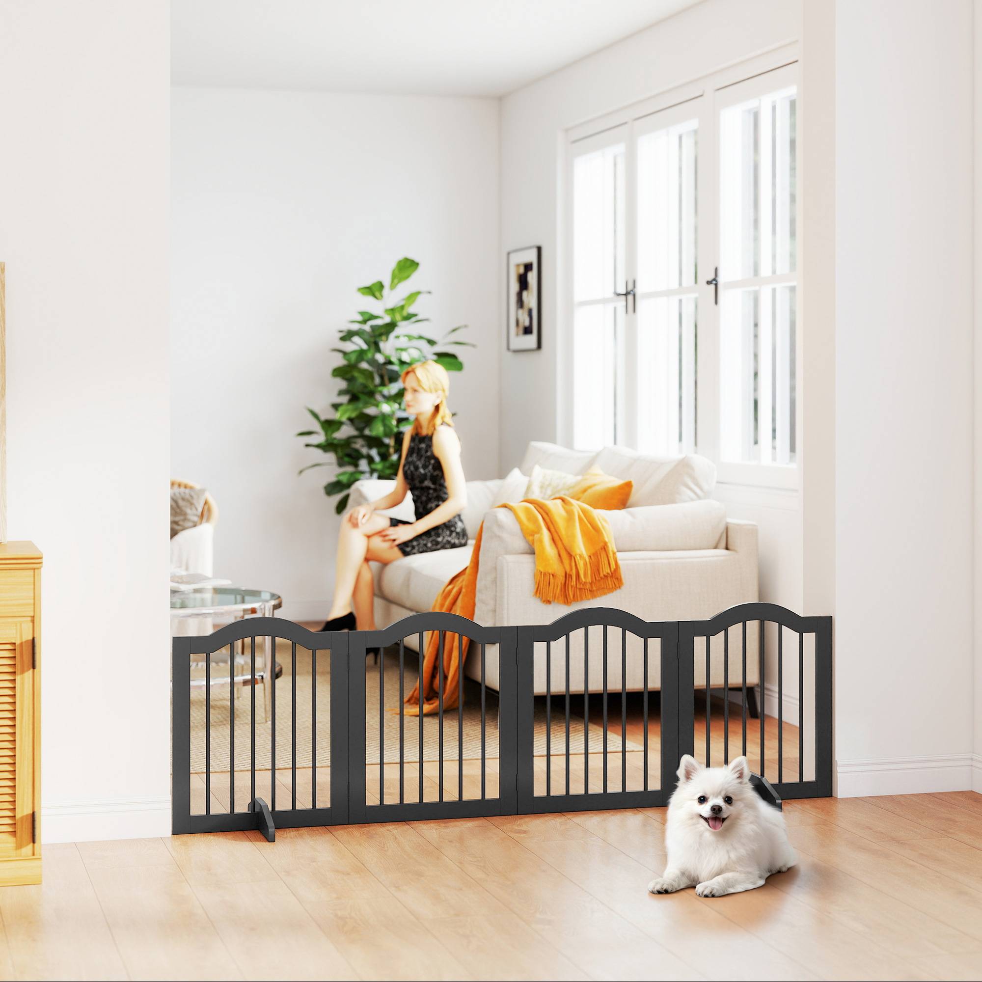 Barrière pour chien autoportante avec pieds, pliable, 4 panneaux, 208 x 29,5 x 61 cm, noir - Image 4