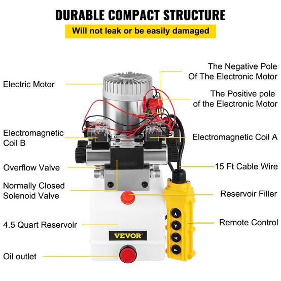 VEVOR Pompe hydraulique 12V 4.5L, double effet/sole noïde. Réservoir plastique. Pour élévateur à ciseaux. - Image 5