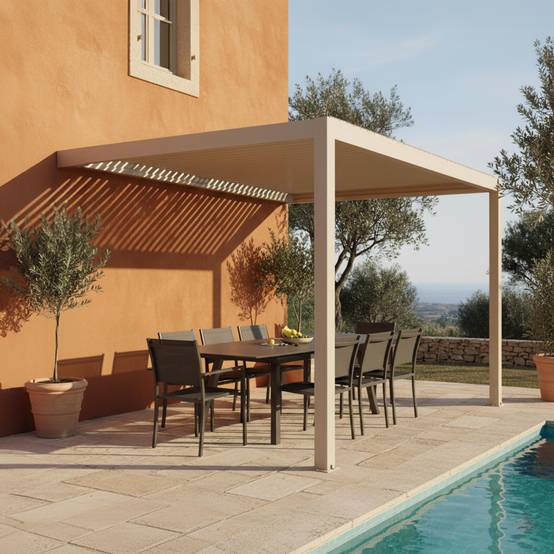 Oviala - Pergola bioclimatique adossée 3x4m et 1 store bois crème Oia - Oviala - Image 3