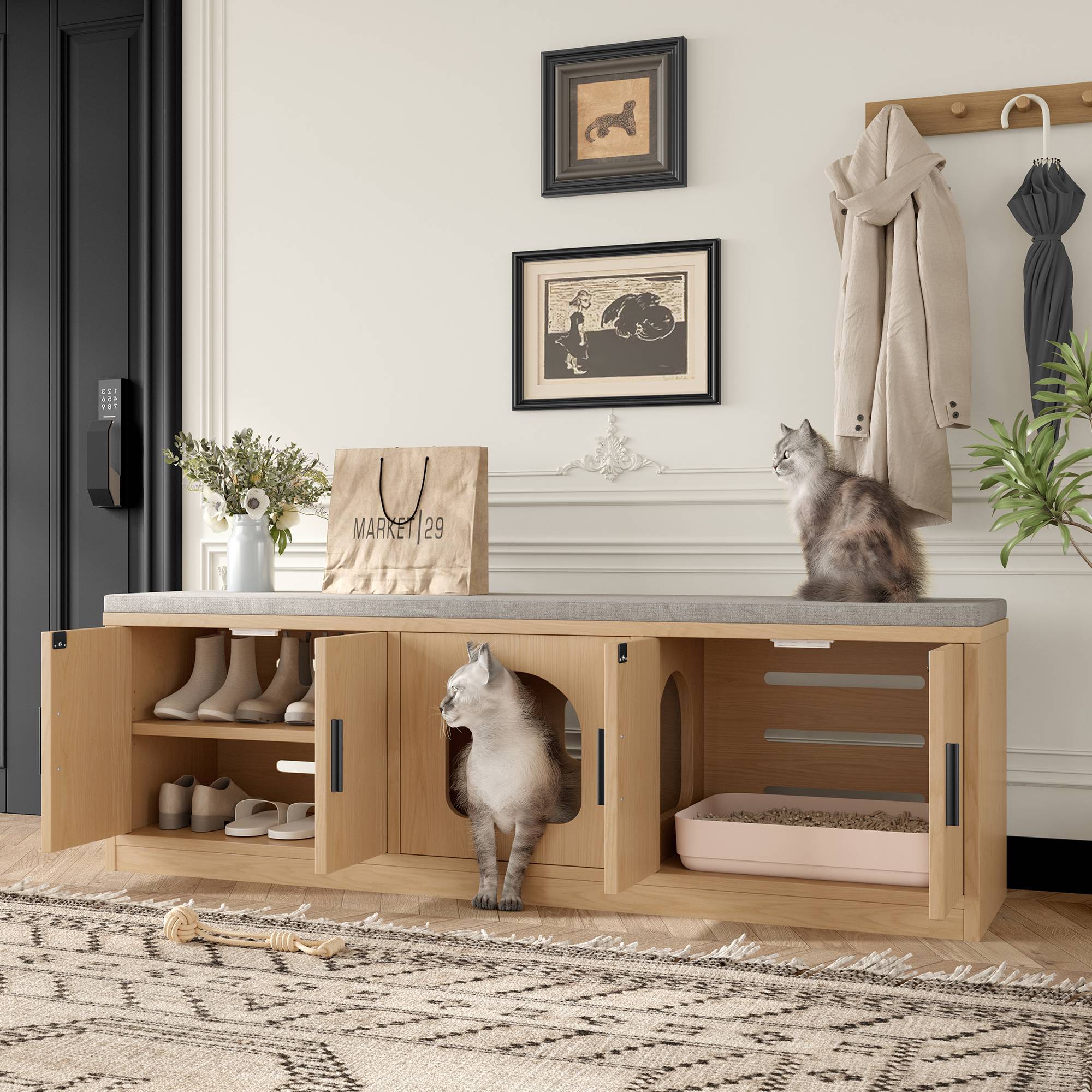 Armoire multifonction pour chat avec grattoir et ventilation – 140 x 40 x 45,5 cm, finition chêne - PANGIVO - Image 2