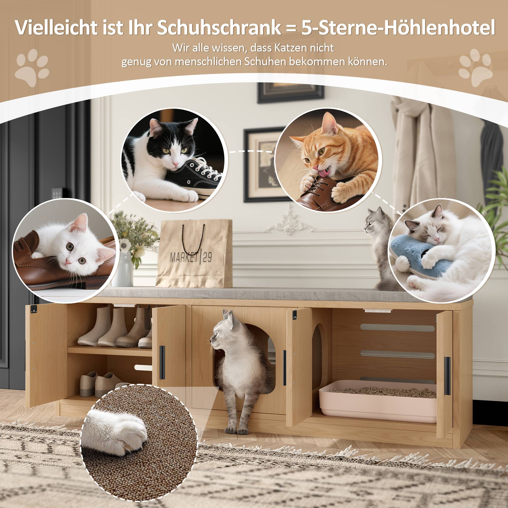 Armoire multifonction pour chat avec grattoir et ventilation – 140 x 40 x 45,5 cm, finition chêne - PANGIVO - Image 5