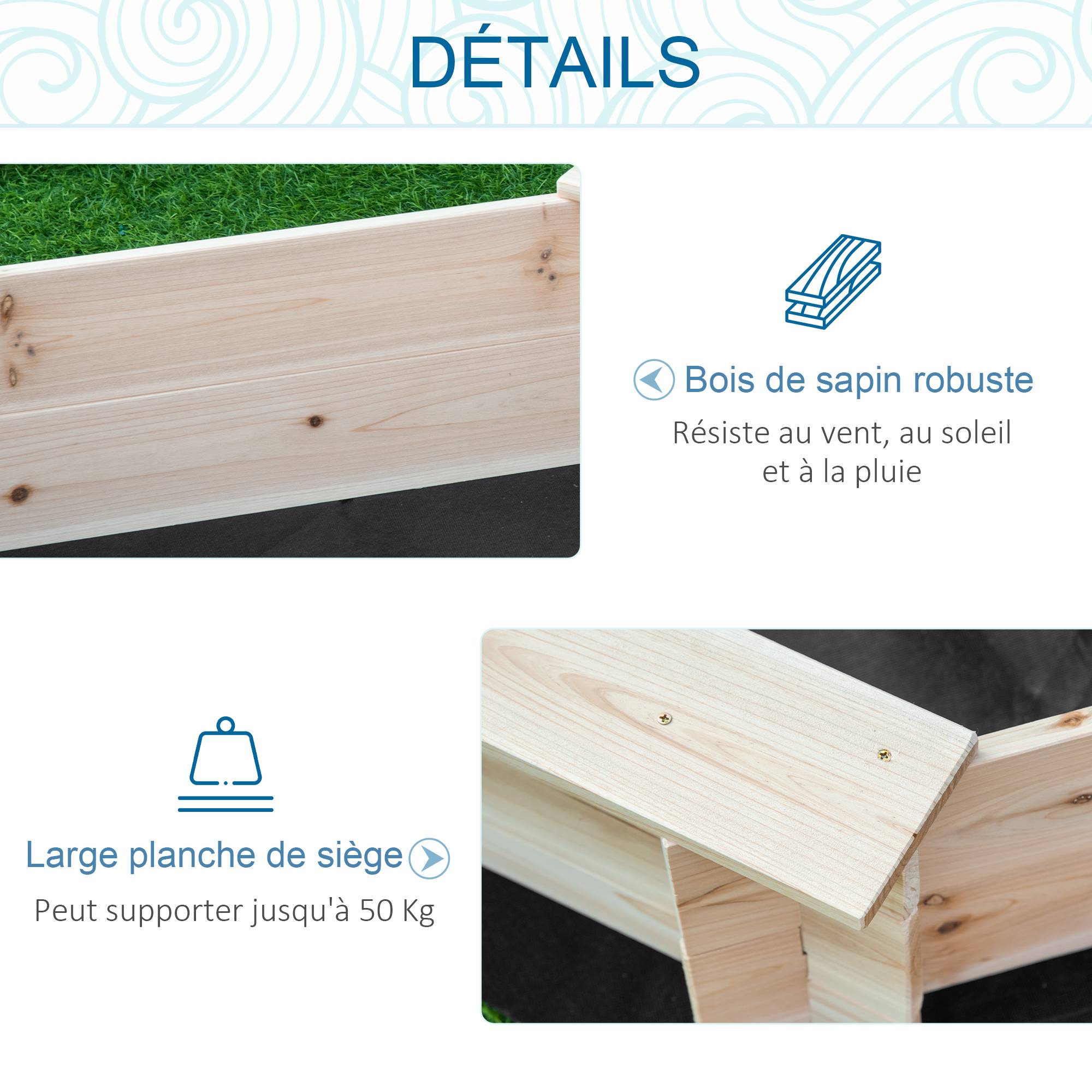 Outsunny - Bac à sable bois octogonal dim. 139,5L x 139,5l x 21,5H cm - 4 bancs - bâche de couverture, non tissé de sol inclus - bois sapin - Outsunny - Imagen 6