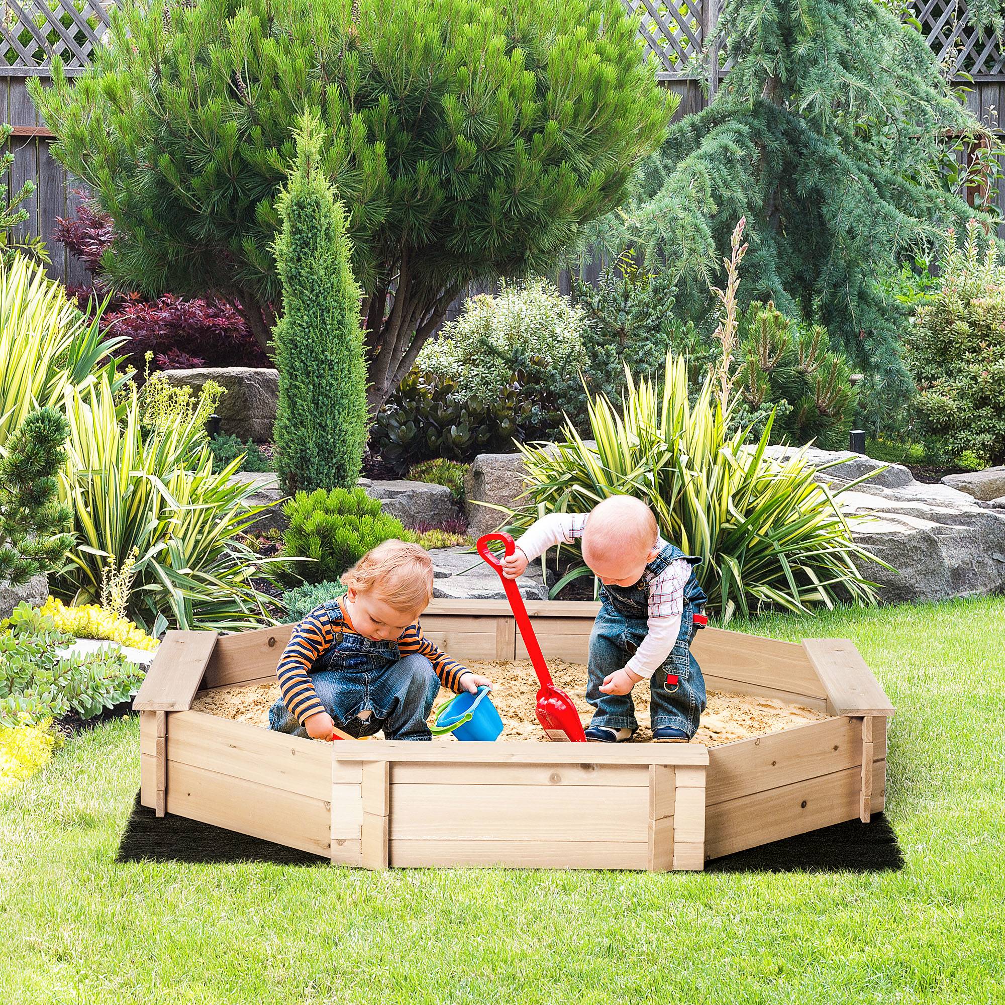 Outsunny - Bac à sable bois octogonal dim. 139,5L x 139,5l x 21,5H cm - 4 bancs - bâche de couverture, non tissé de sol inclus - bois sapin - Outsunny - Imagen 2