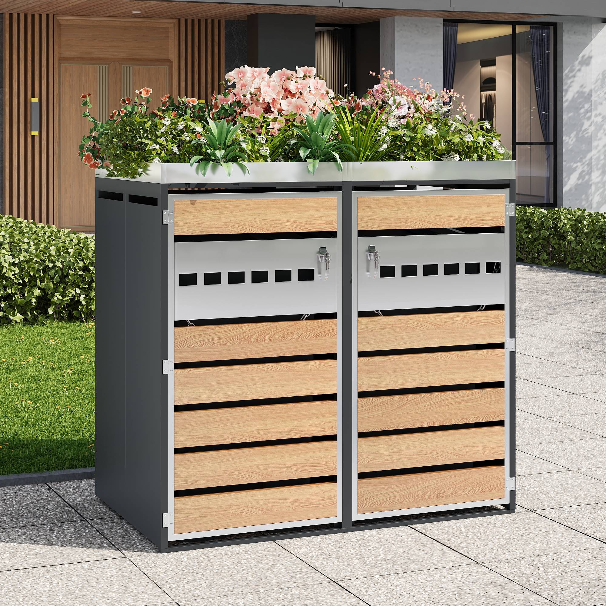 Cache-poubelle double acier galvanisé extérieur avec jardinière verrouillable 132cm gris bois - ComfortXL Outdoor Living - Image 1