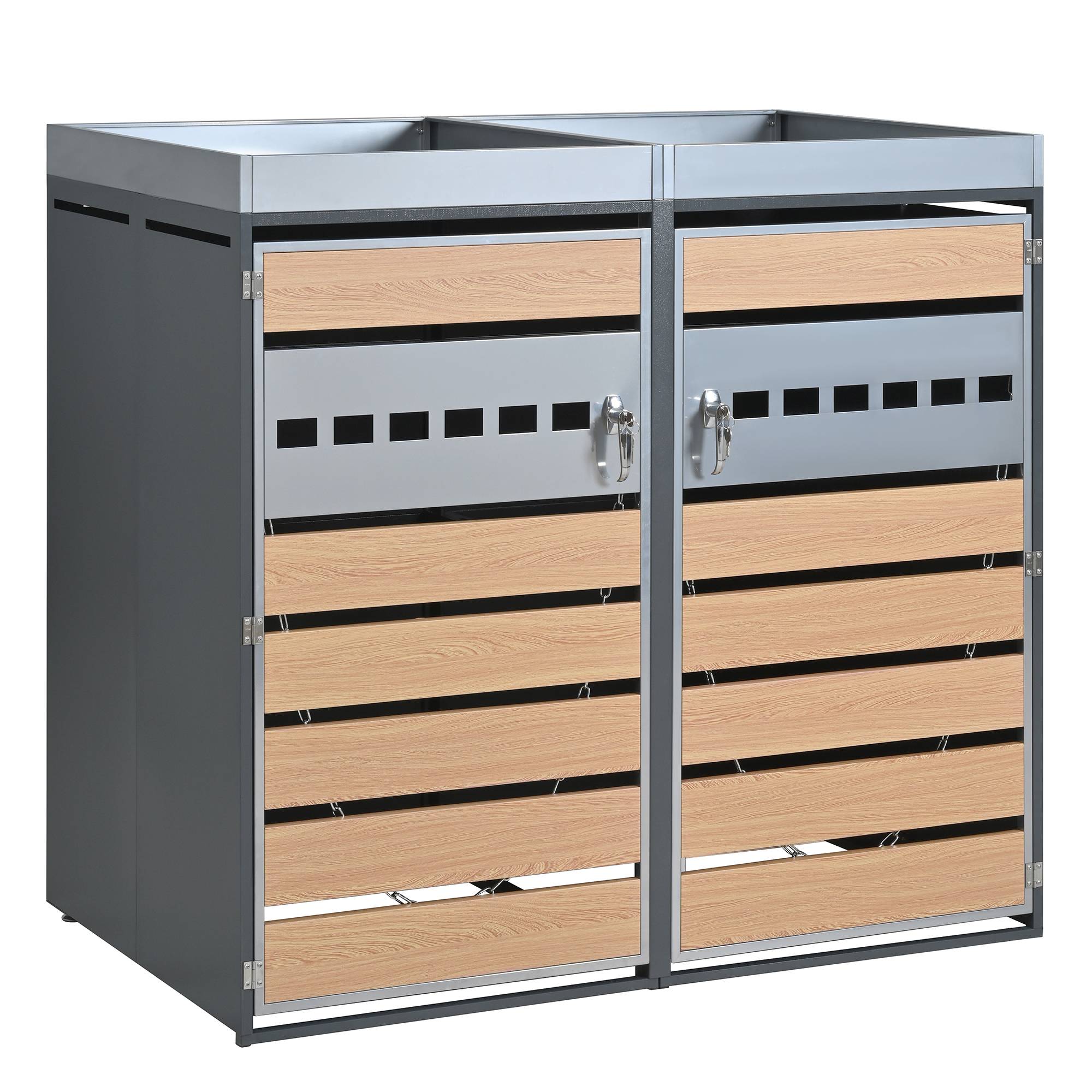 Cache-poubelle double acier galvanisé extérieur avec jardinière verrouillable 132cm gris bois - ComfortXL Outdoor Living - Image 2