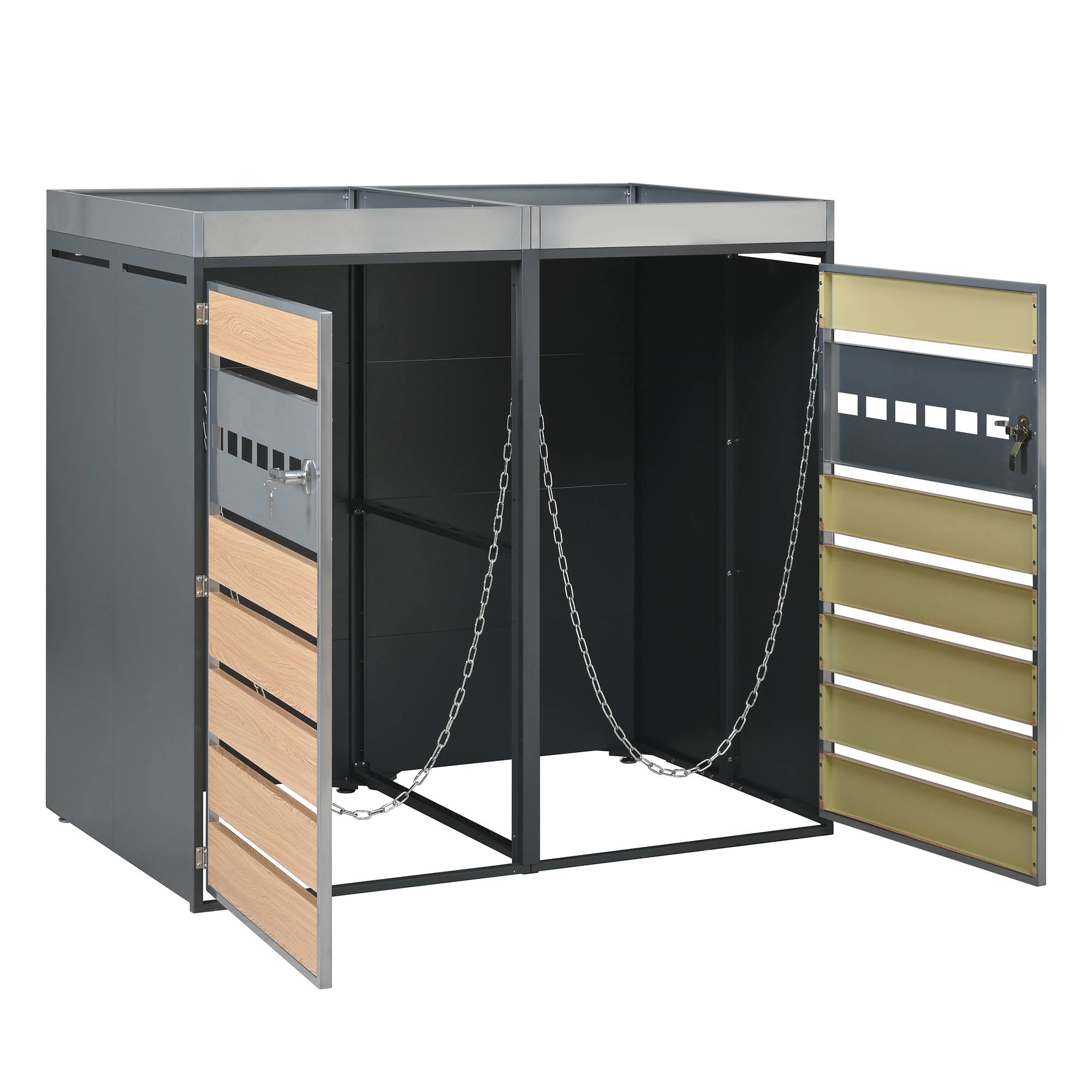 Cache-poubelle double acier galvanisé extérieur avec jardinière verrouillable 132cm gris bois - ComfortXL Outdoor Living - Image 4