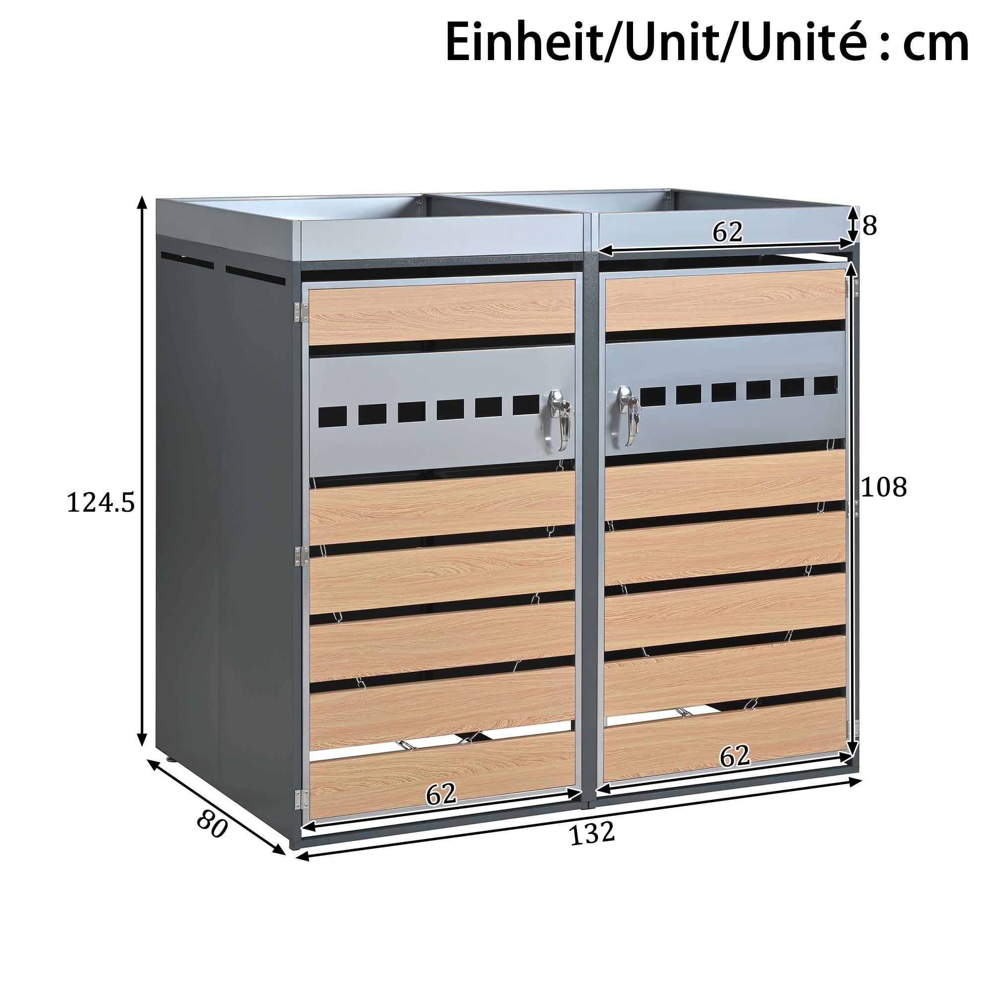 Cache-poubelle double acier galvanisé extérieur avec jardinière verrouillable 132cm gris bois - ComfortXL Outdoor Living - Image 3