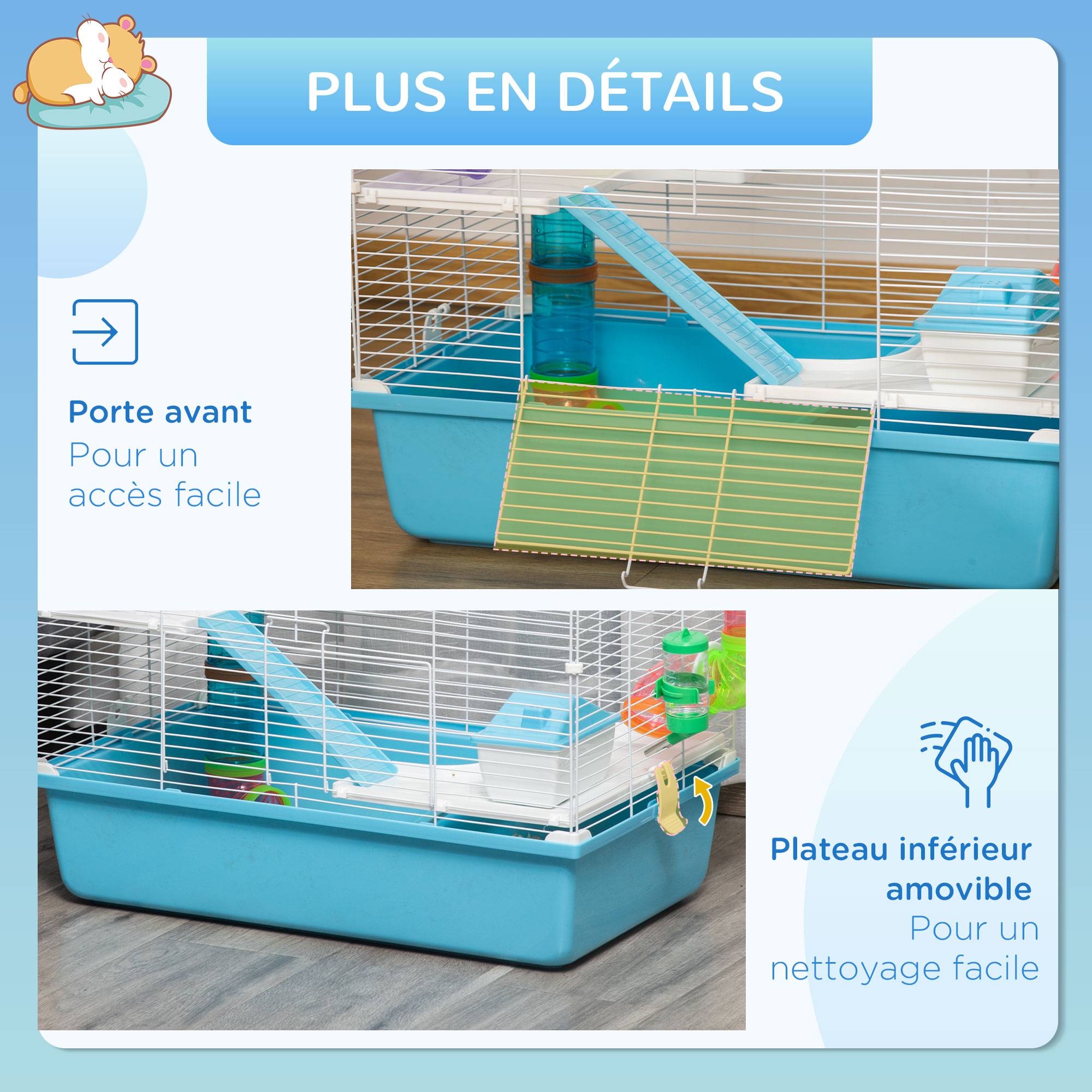 Pawhut - Cage à hamsters 3 niveaux - tunnel, abreuvoir, roue, maisonnette, échelles - dim. 59L x 36l x 47H cm - métal PP bleu blanc - Imagen 6