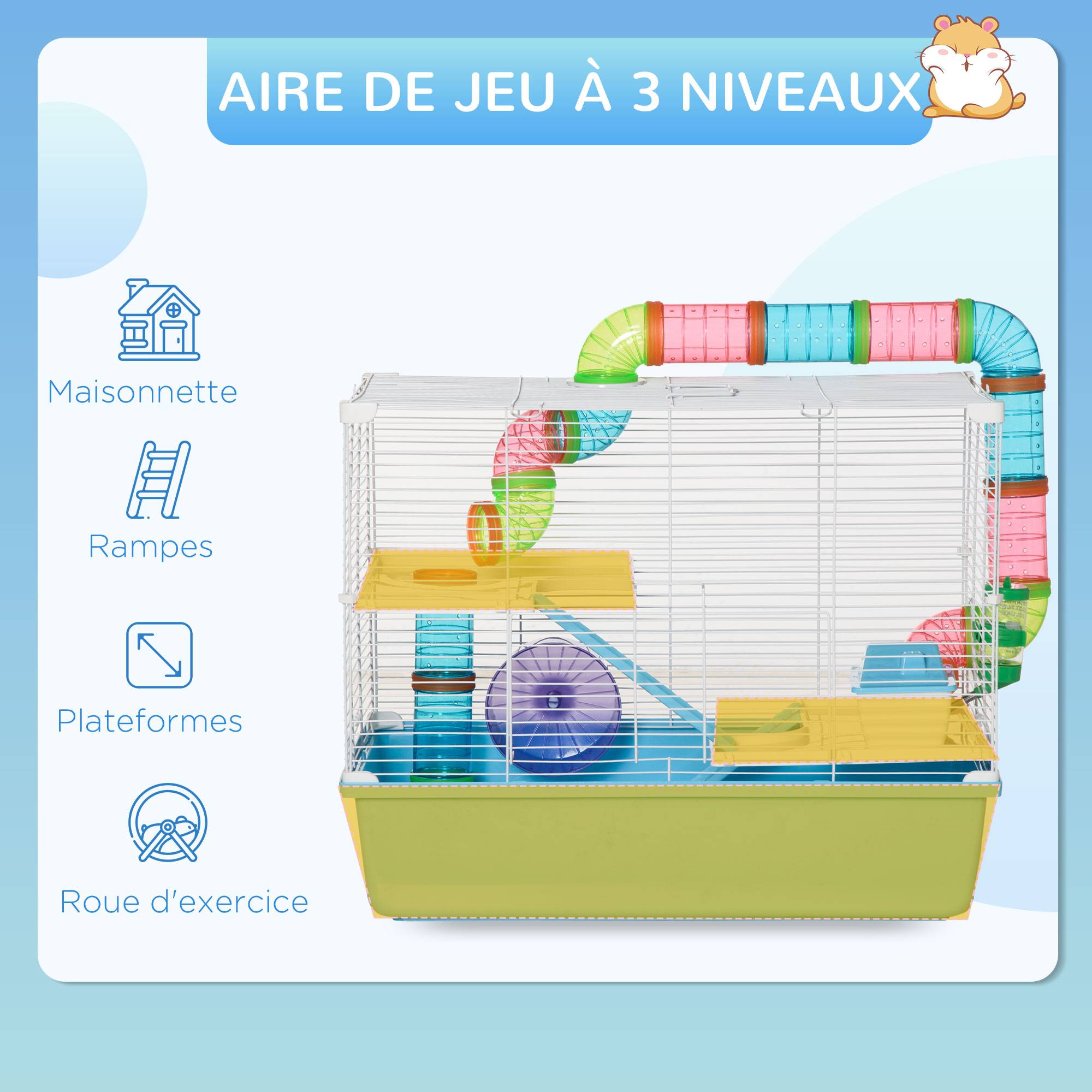 Pawhut - Cage à hamsters 3 niveaux - tunnel, abreuvoir, roue, maisonnette, échelles - dim. 59L x 36l x 47H cm - métal PP bleu blanc - Imagen 4
