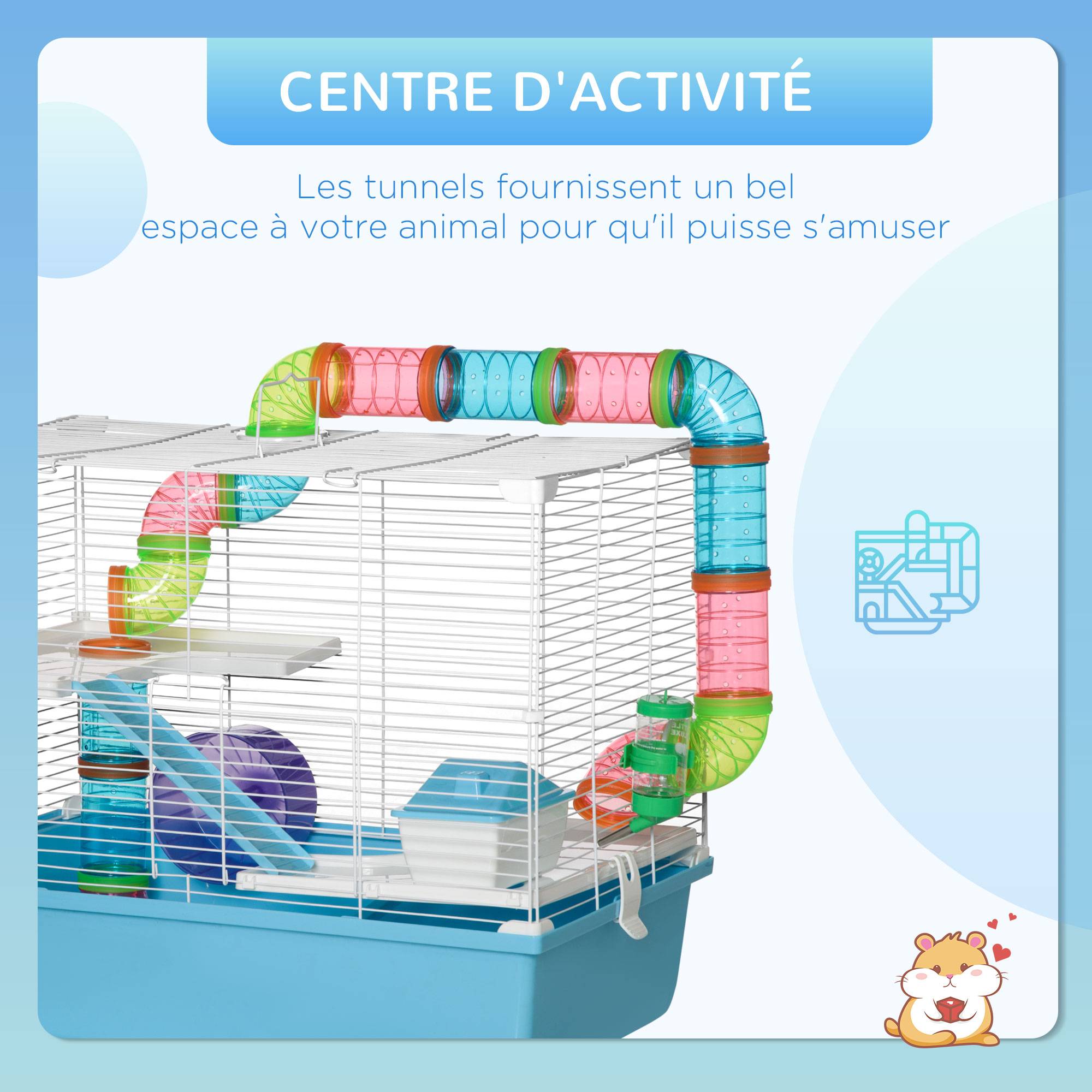 Pawhut - Cage à hamsters 3 niveaux - tunnel, abreuvoir, roue, maisonnette, échelles - dim. 59L x 36l x 47H cm - métal PP bleu blanc - Imagen 7