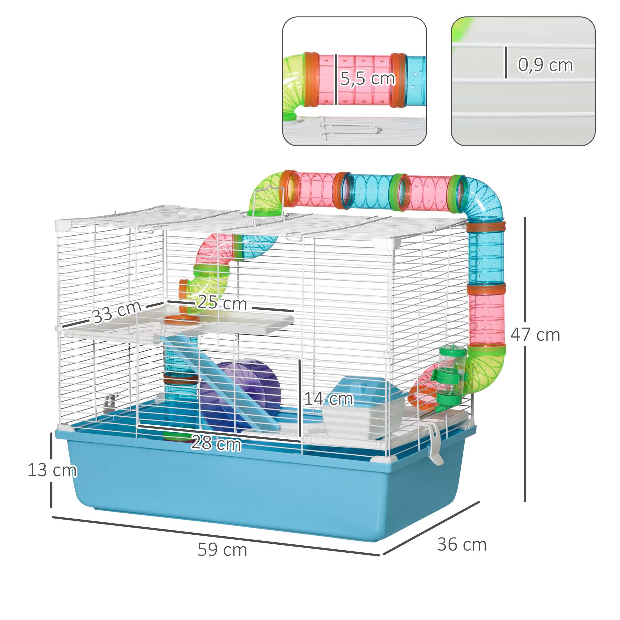 Pawhut - Cage à hamsters 3 niveaux - tunnel, abreuvoir, roue, maisonnette, échelles - dim. 59L x 36l x 47H cm - métal PP bleu blanc - Imagen 3