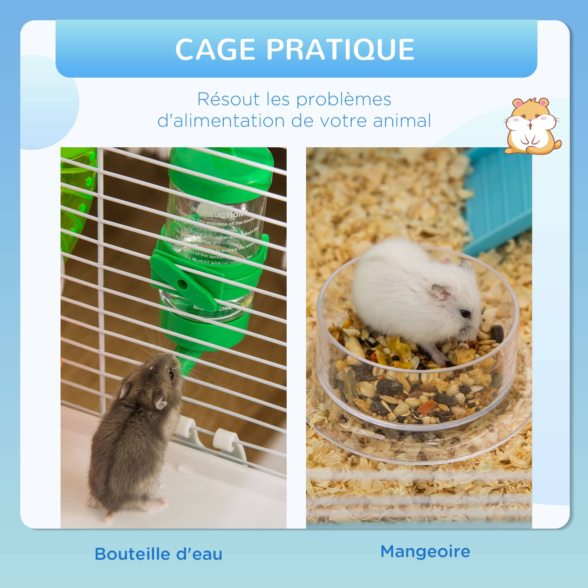 Pawhut - Cage à hamsters 3 niveaux - tunnel, abreuvoir, roue, maisonnette, échelles - dim. 59L x 36l x 47H cm - métal PP bleu blanc - Imagen 5