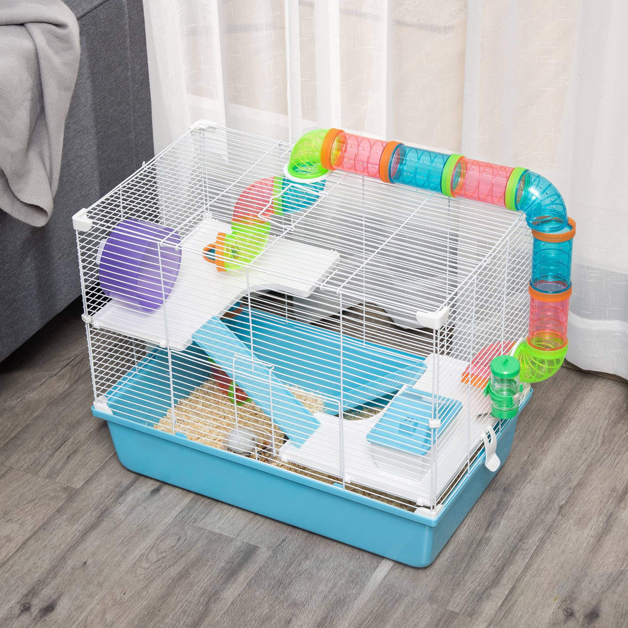 Pawhut - Cage à hamsters 3 niveaux - tunnel, abreuvoir, roue, maisonnette, échelles - dim. 59L x 36l x 47H cm - métal PP bleu blanc - Imagen 8