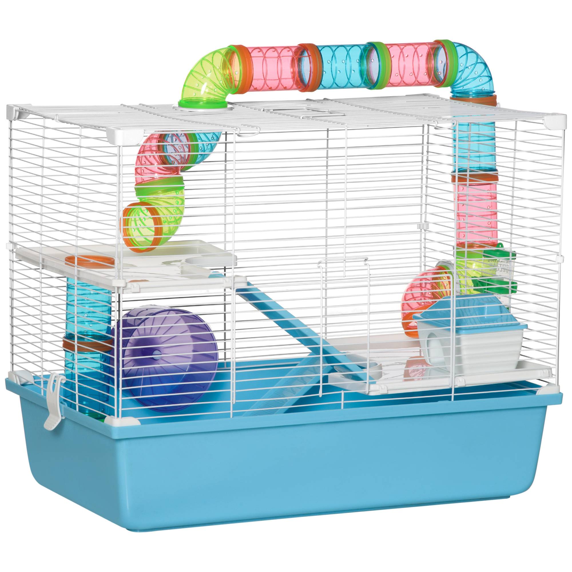 Pawhut - Cage à hamsters 3 niveaux - tunnel, abreuvoir, roue, maisonnette, échelles - dim. 59L x 36l x 47H cm - métal PP bleu blanc - Imagen 1