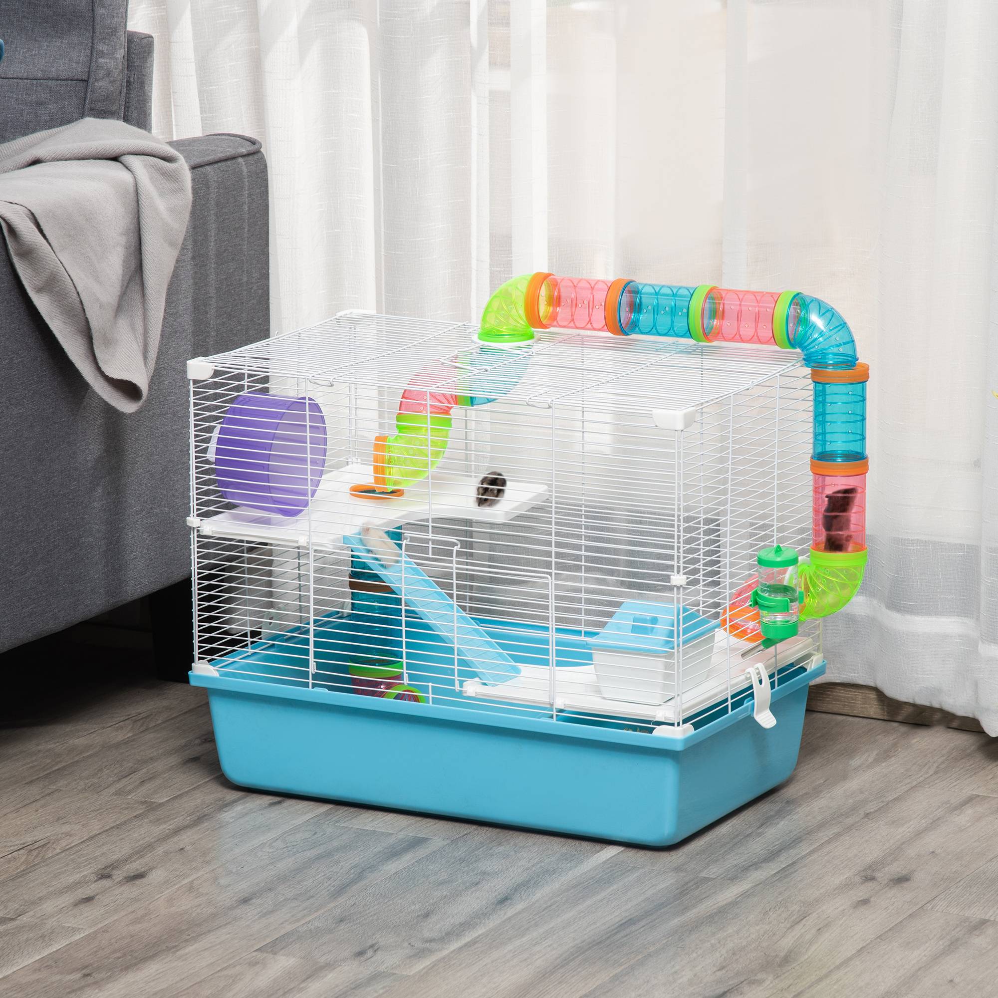 Pawhut - Cage à hamsters 3 niveaux - tunnel, abreuvoir, roue, maisonnette, échelles - dim. 59L x 36l x 47H cm - métal PP bleu blanc - Imagen 2