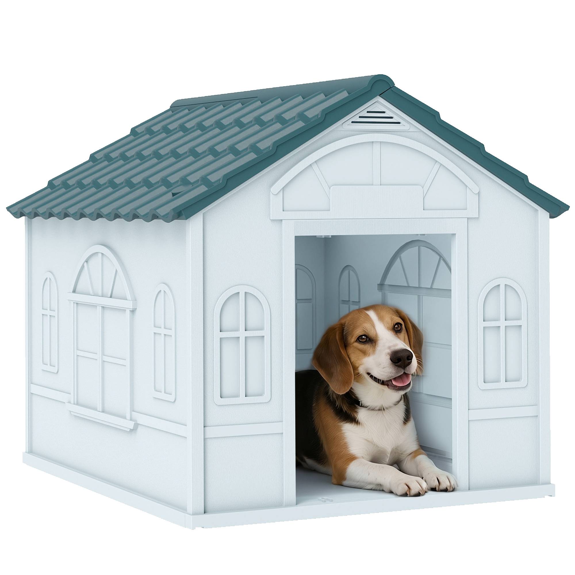 Niche pour chien avec fausse fenêtre et carrelage pour chiens moyens, 65 x 75,7 x 63 cm, bleu, vert et blanc - Image 1