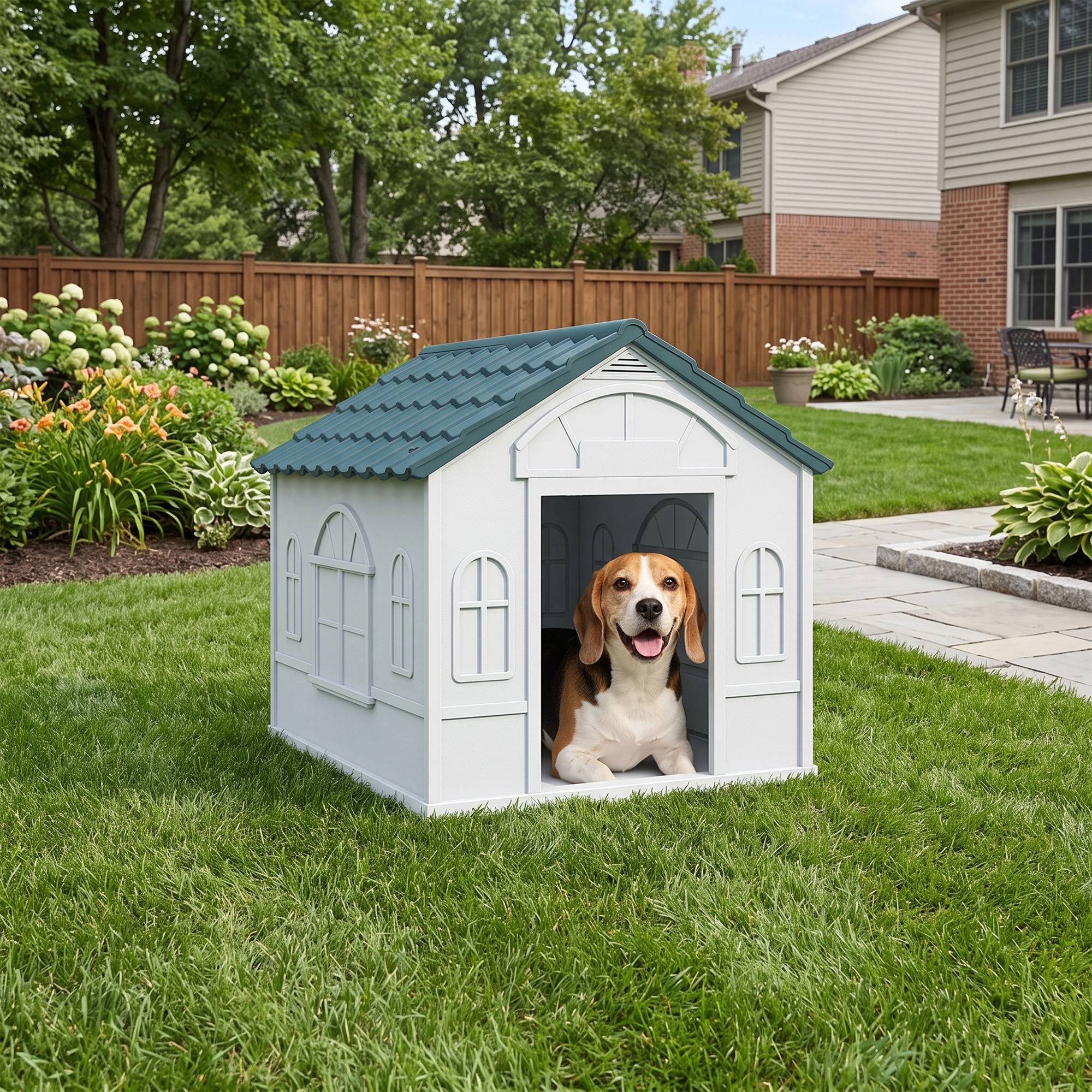 Niche pour chien avec fausse fenêtre et carrelage pour chiens moyens, 65 x 75,7 x 63 cm, bleu, vert et blanc - Image 10