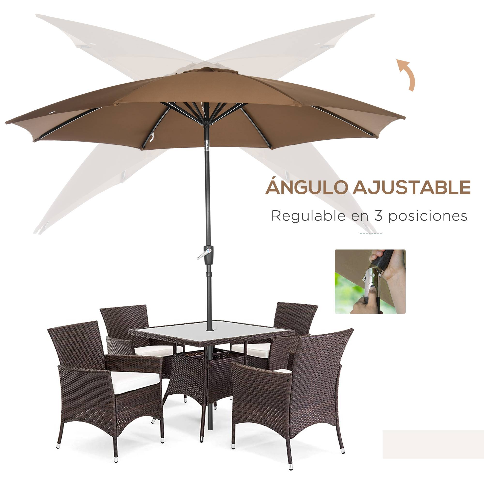 Parasol de jardin à manivelle et toit inclinable pour terrasse ou patio extérieur Ø300x252 cm Marron - Image 6