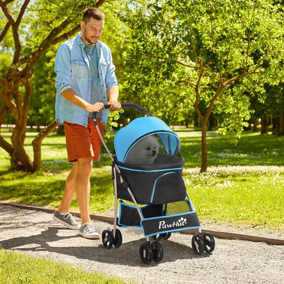 Poussette 3 en 1 pour petits chiens avec wagon détachable, panier de rangement, sangles de sécurité et coussin - Bleu - Image 3