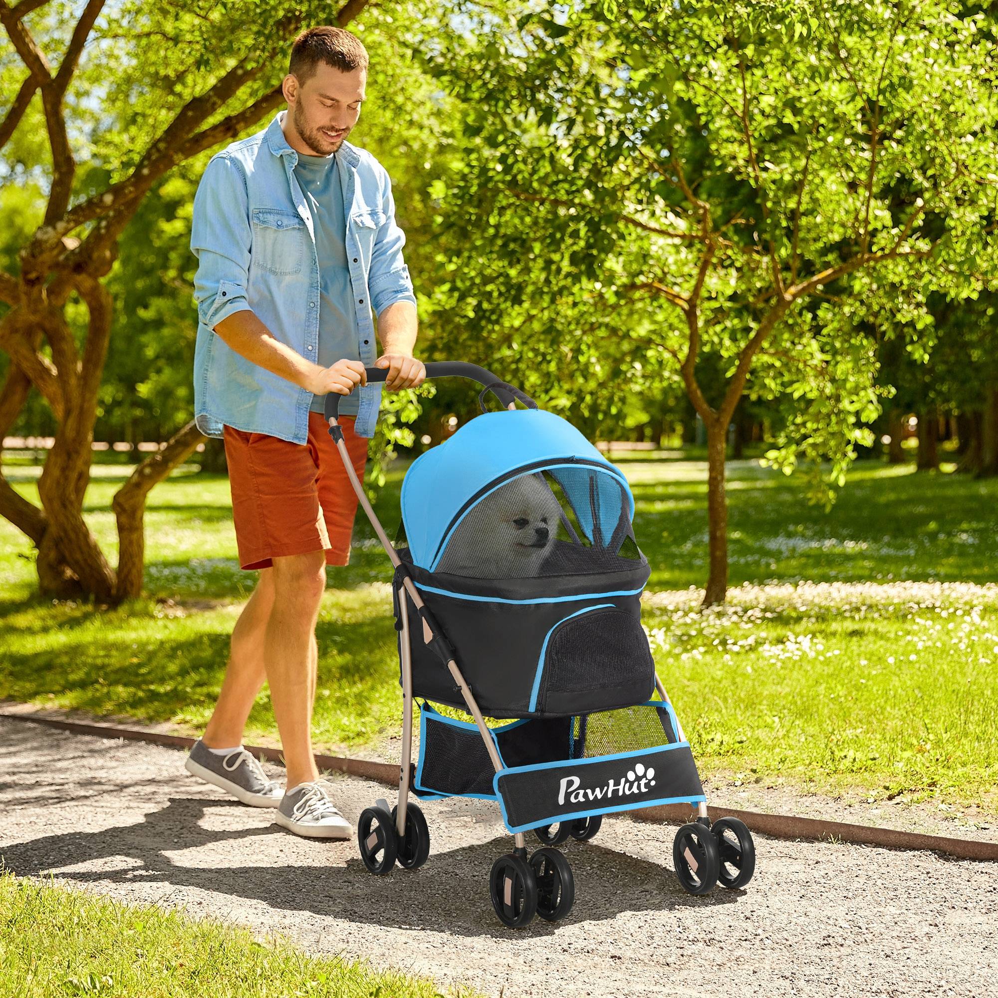 Poussette 3 en 1 pour petits chiens avec wagon détachable, panier de rangement, sangles de sécurité et coussin - Bleu - Image 3