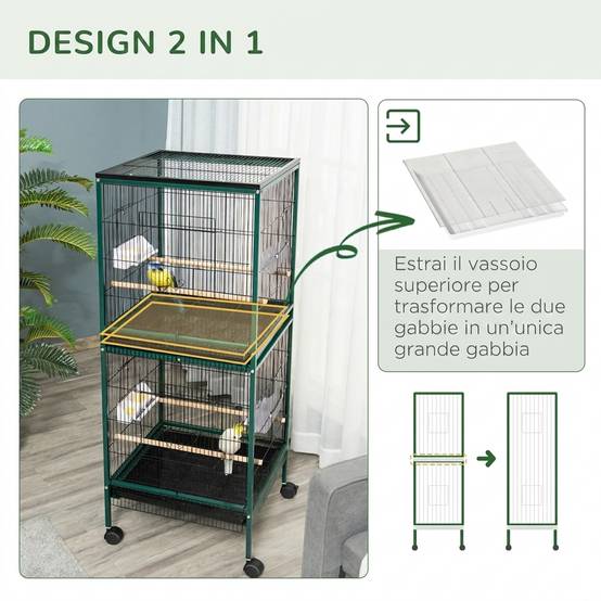 Cage volière pour oiseaux d'intérieur avec roues et bacs amovibles, 51,5x50x140 cm, vert foncé - Image 6