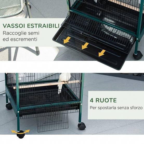 Cage volière pour oiseaux d'intérieur avec roues et bacs amovibles, 51,5x50x140 cm, vert foncé - Image 8