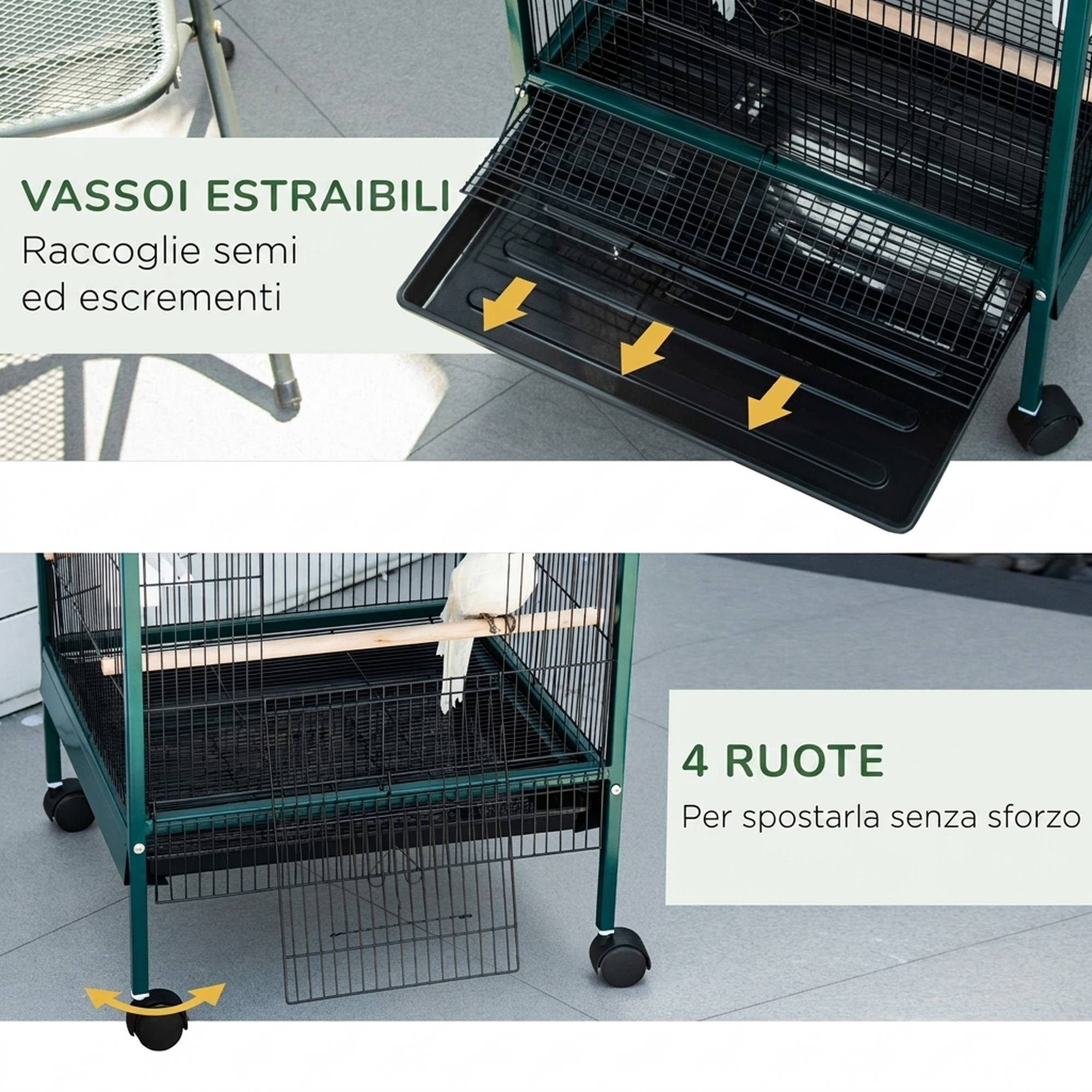 Cage volière pour oiseaux d'intérieur avec roues et bacs amovibles, 51,5x50x140 cm, vert foncé - Image 8