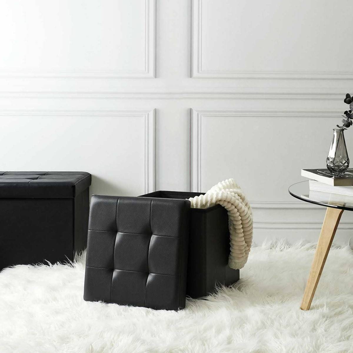 ALTOBUY - Pouf Coffre Pliable Carré Simili Cuir Noir Capitonné - RONNY - Image 5