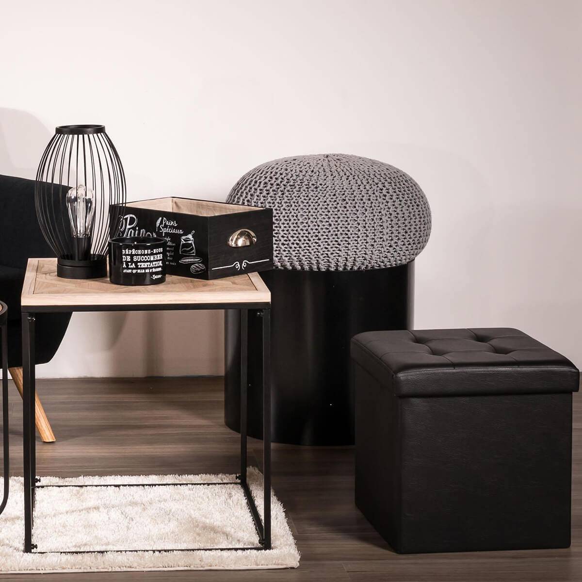 ALTOBUY - Pouf Coffre Pliable Carré Simili Cuir Noir Capitonné - RONNY - Image 3