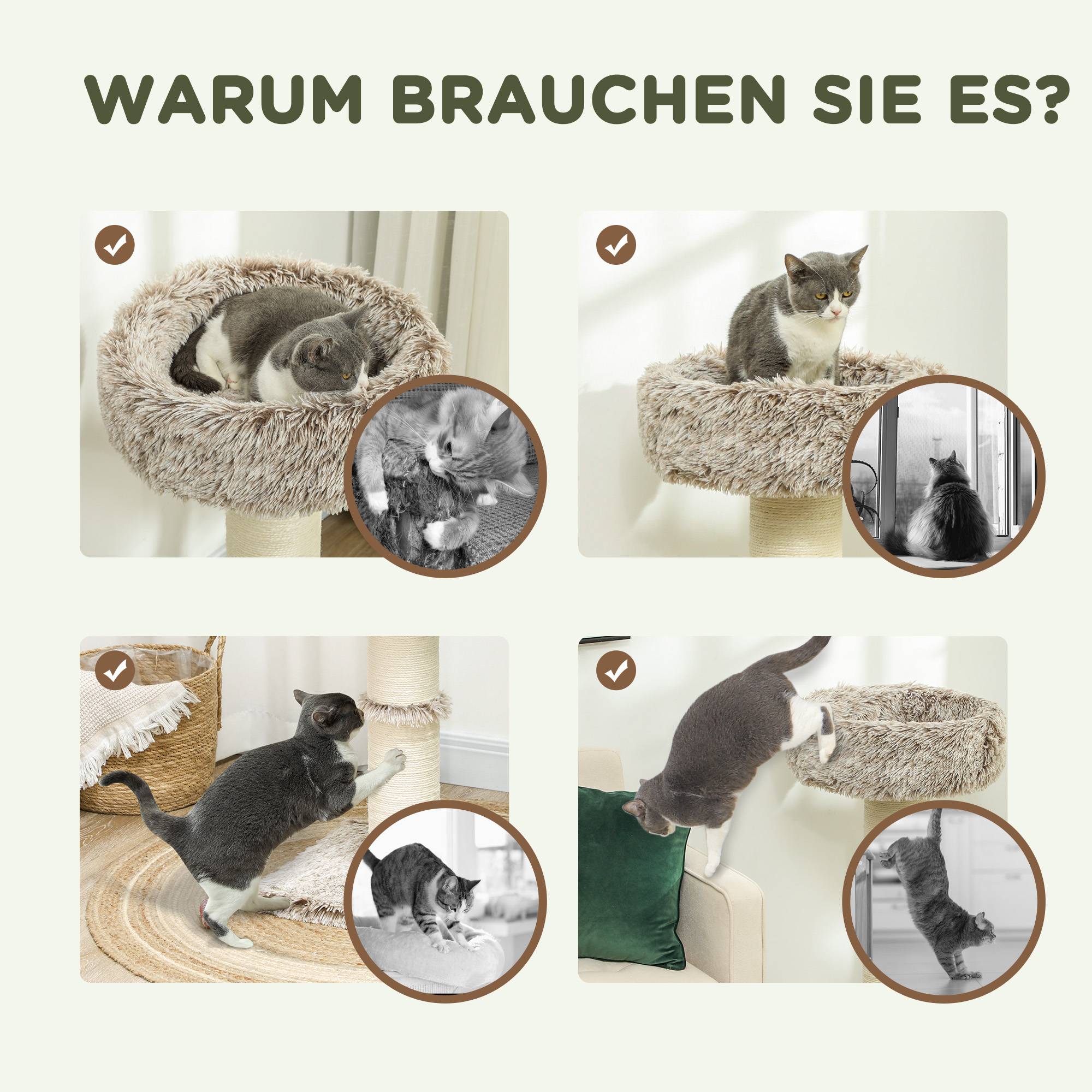Arbre à chat bois peluche pour intérieur poteau à gratter épais 87cm marron - ComfortXL Outdoor Living - Image 8