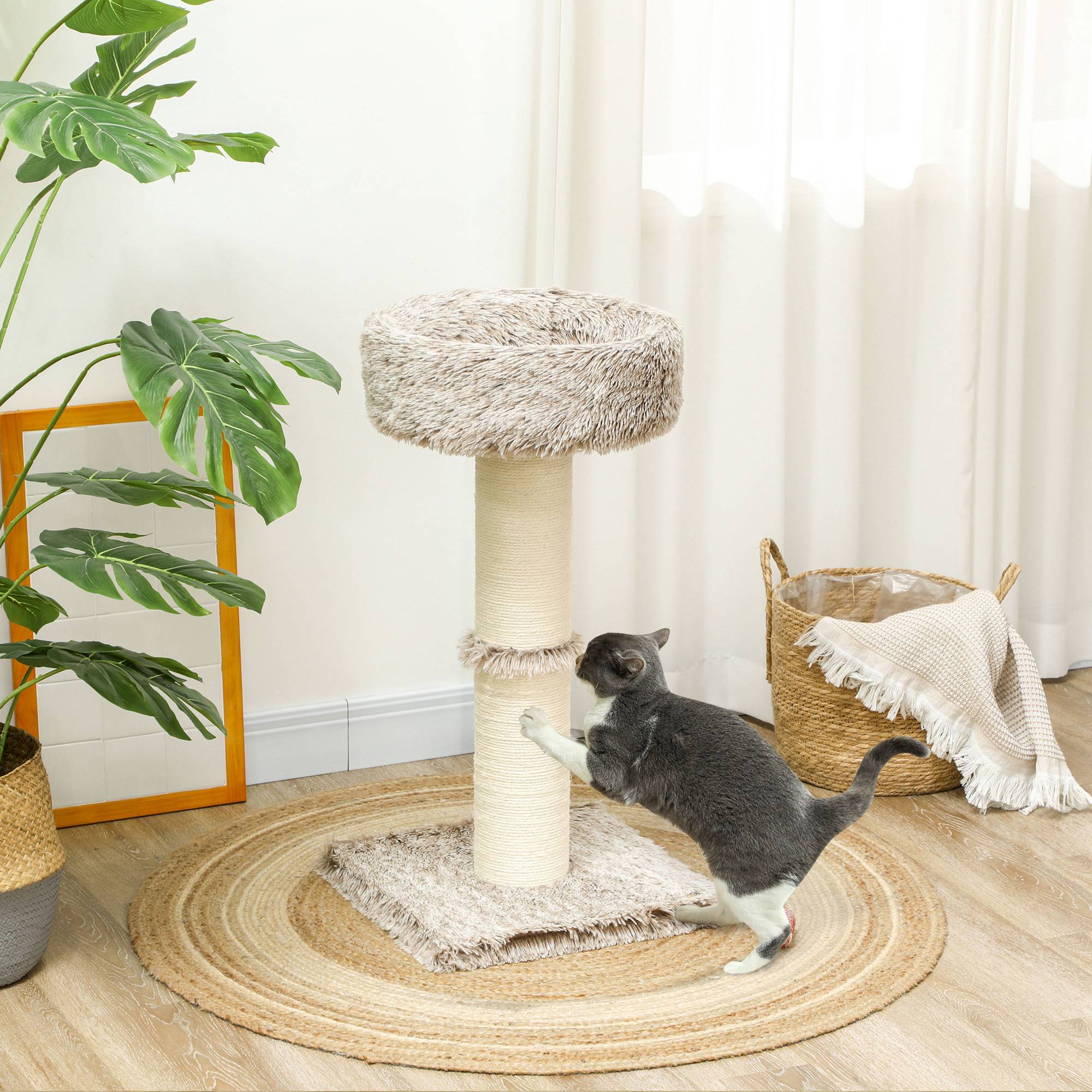 Arbre à chat bois peluche pour intérieur poteau à gratter épais 87cm marron - ComfortXL Outdoor Living - Image 4