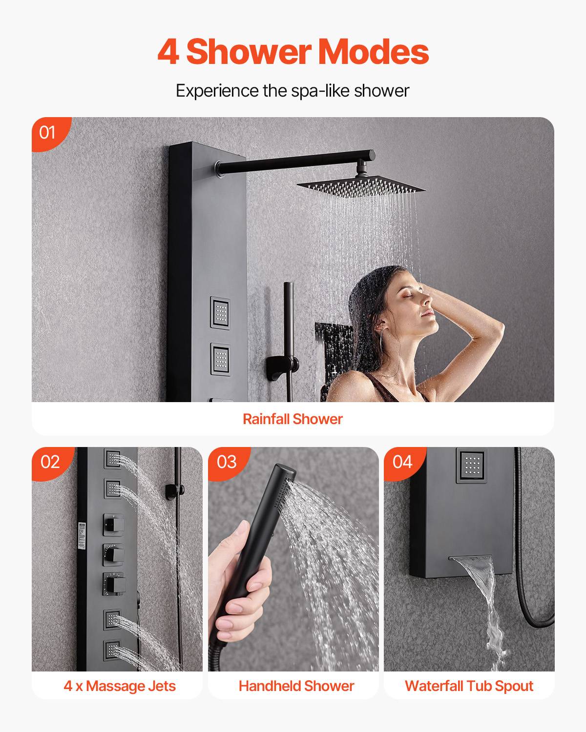 Vevor - VEVOR Colonne douche inox, pommeau pluie, panneau mural 4 fonctions, 4 jets corporels, douchette + bec baignoire. - Image 3