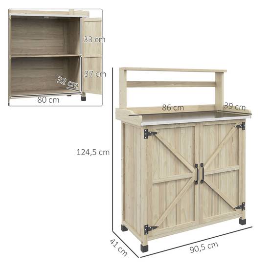 Table de rempotage table de jardinage placard et étagères et plateau patins antidérapants 90,5x41x124,5cm bois naturel - Image 5