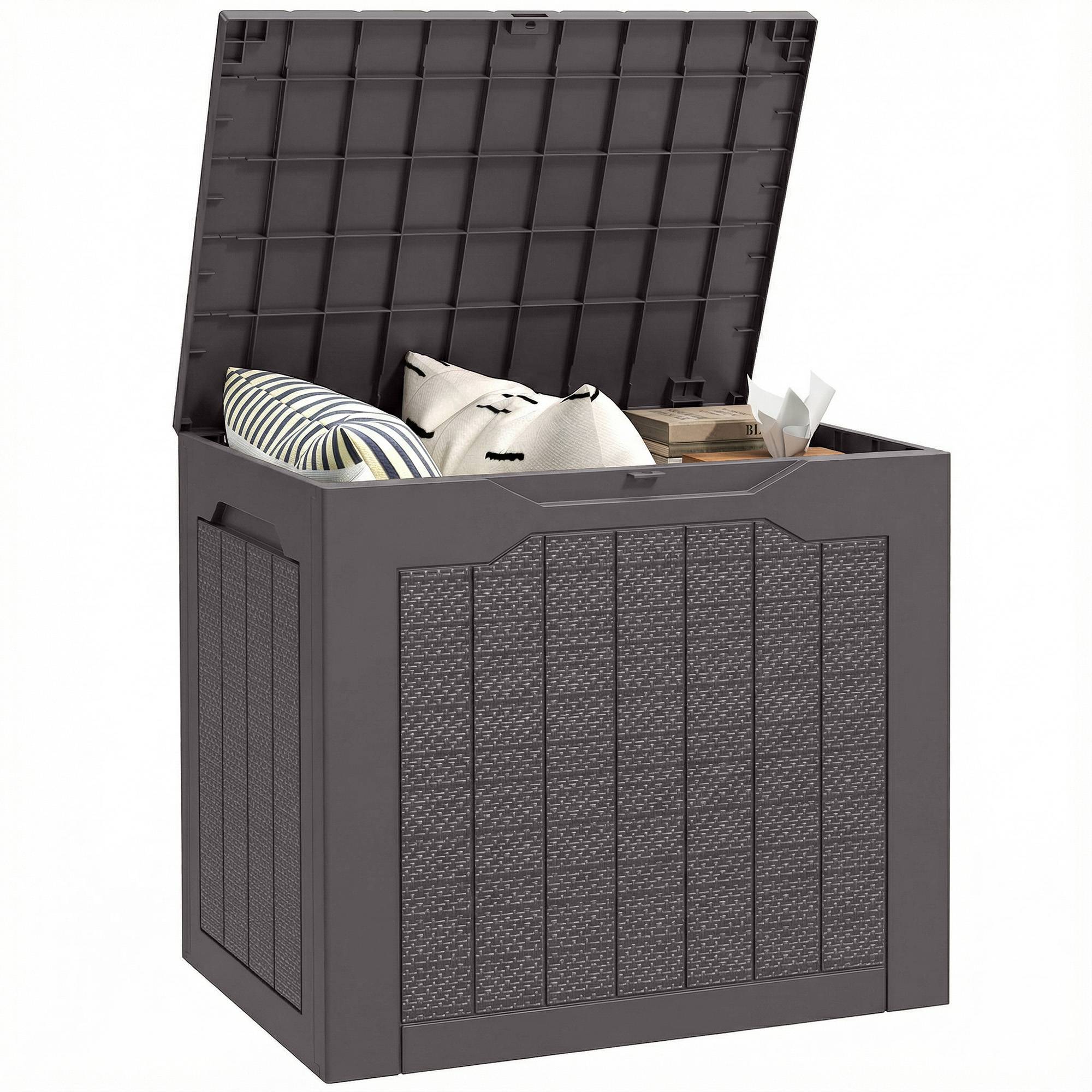 Coffre de rangement extérieur 97L avec poignées encastrées, malle de rangement extérieur étanche 56 x 41 x 50 cm, marron