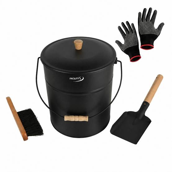 Facilitys - Seau cendres couvercle 15 L acier noir - kit 4 accessoires cheminée - Image 1