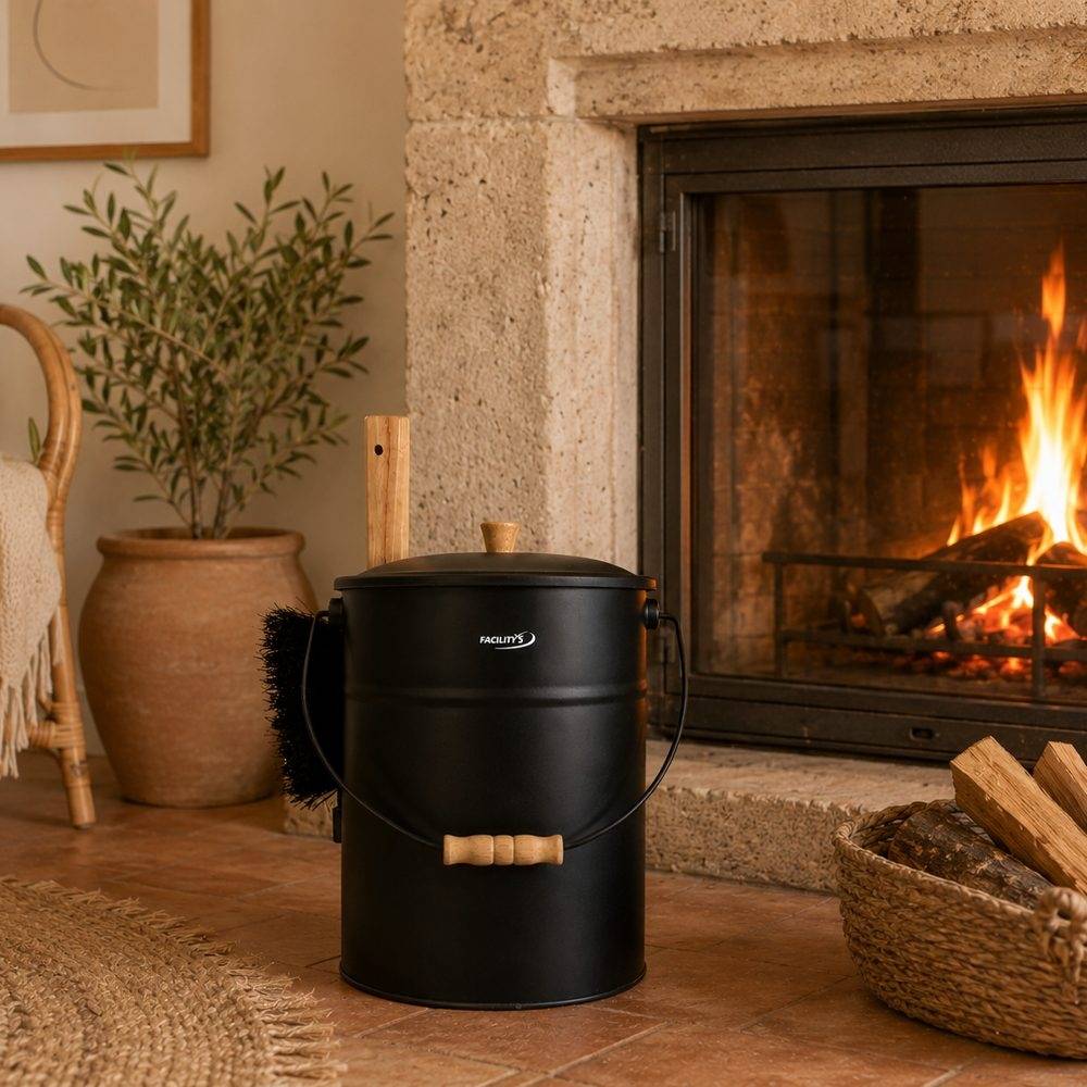Facilitys - Seau cendres couvercle 15 L acier noir - kit 4 accessoires cheminée - Image 2
