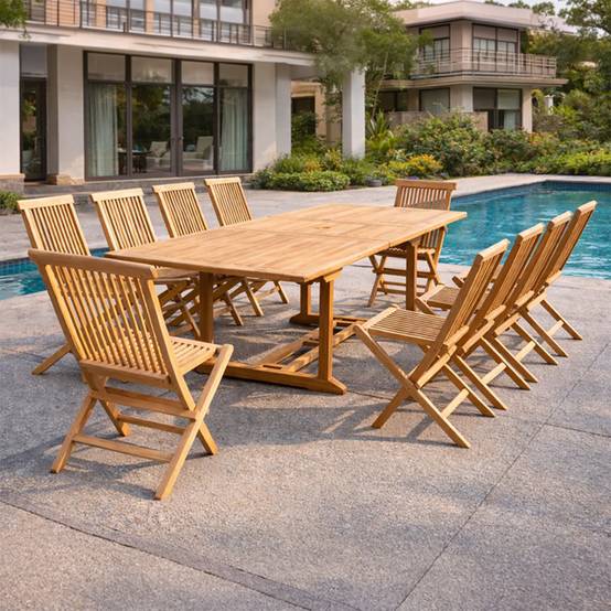 Salon de jardin teck 12 places table rectangulaire 10 chaises KAJANG - Image 2