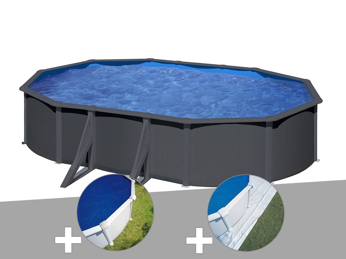Gré - Kit piscine acier gris anthracite Gré Louko ovale 5,27 x 3,27 x 1,22 m + Bâche à bulles + Tapis de sol