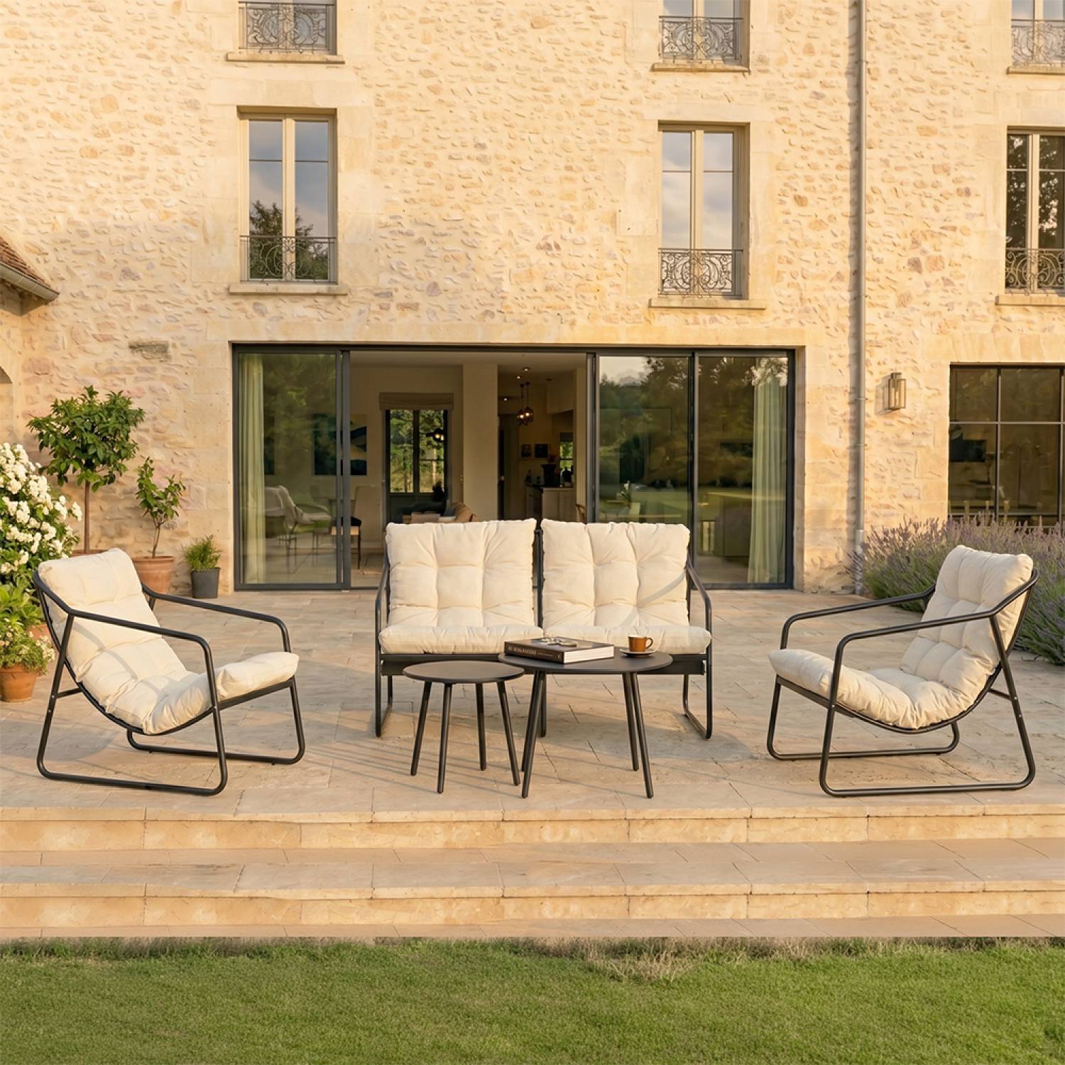 Salon de jardin 4 places gris et beige avec tables basses ATRANI - Image 6
